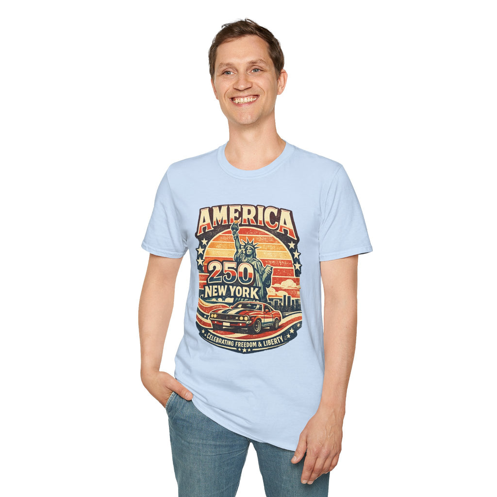 America 250 New York T-Shirt — Retro Statue of Liberty Graphic