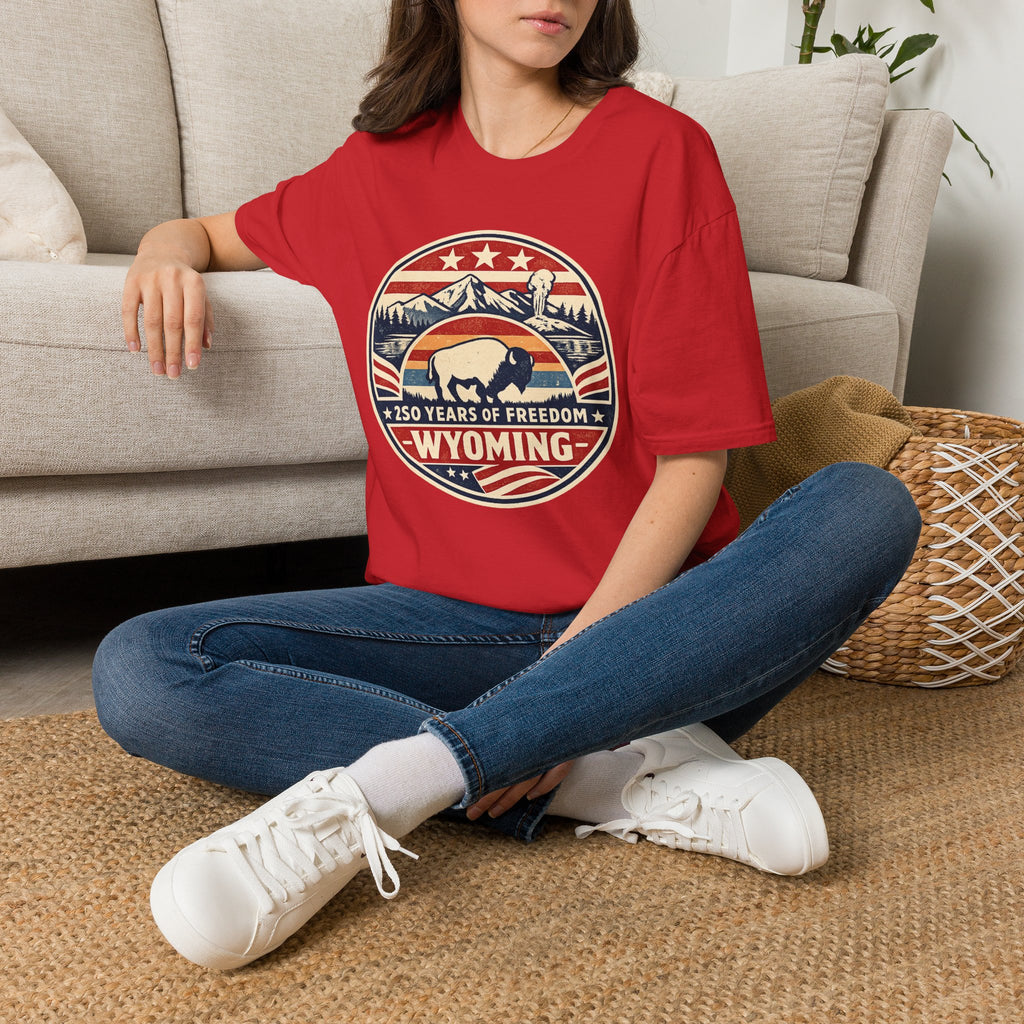 Wyoming Buffalo Tee — America 250 Retro Mountain Graphic T-Shirt