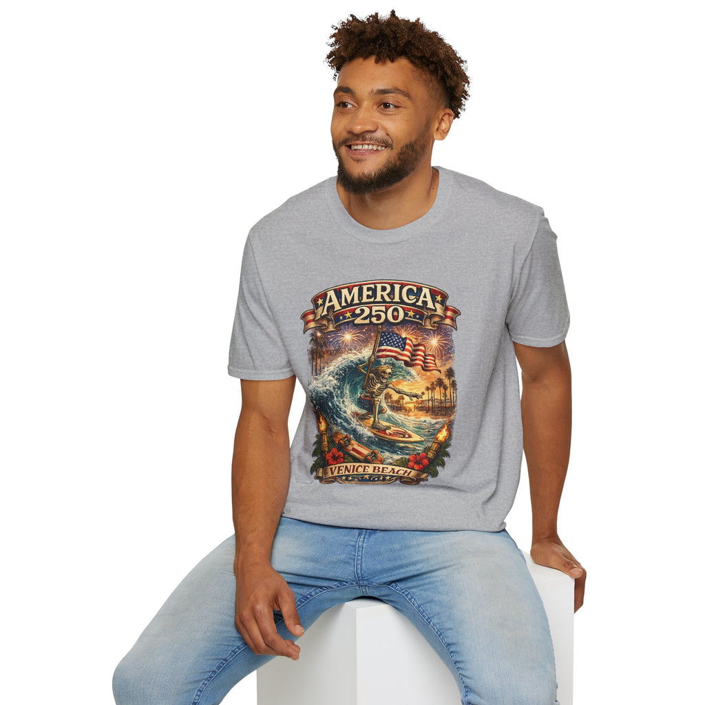 America 250 Venice Beach T-Shirt — Patriotic Vintage Surf & Fireworks Tee