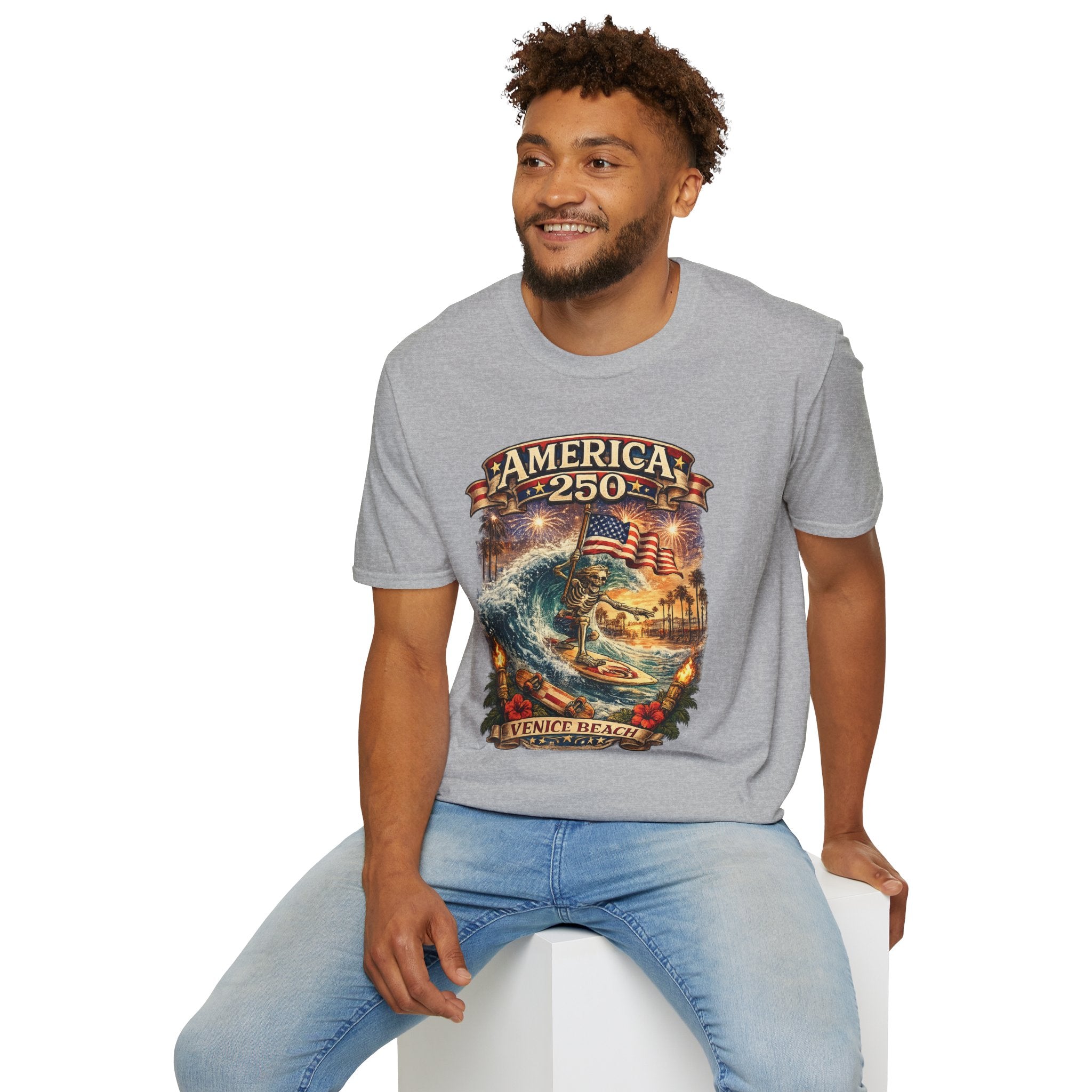America 250 Venice Beach T-Shirt — Patriotic Vintage Surf & Fireworks Tee