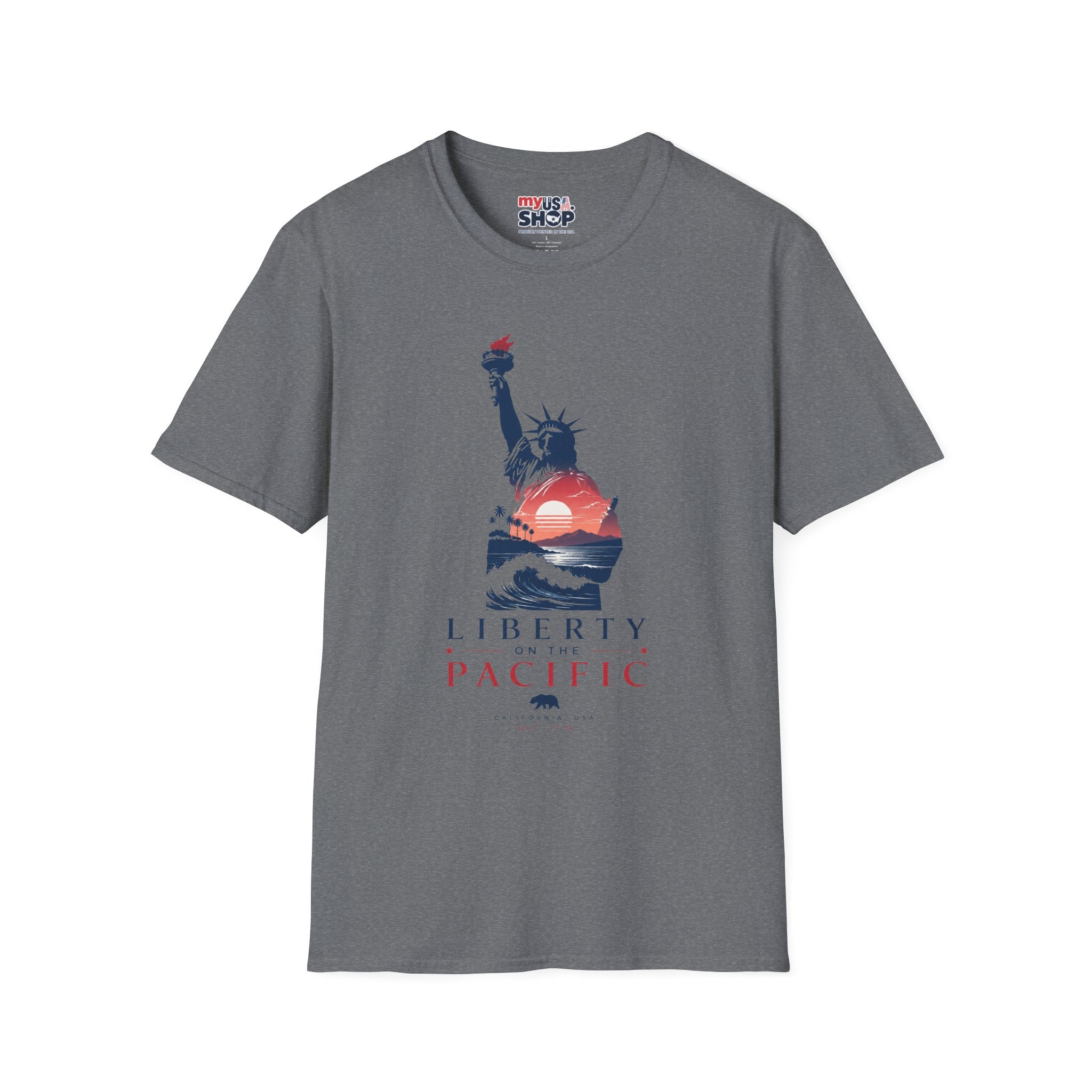 America 250 Liberty Pacific California T-Shirt — Statue of Liberty Sunset Graphic