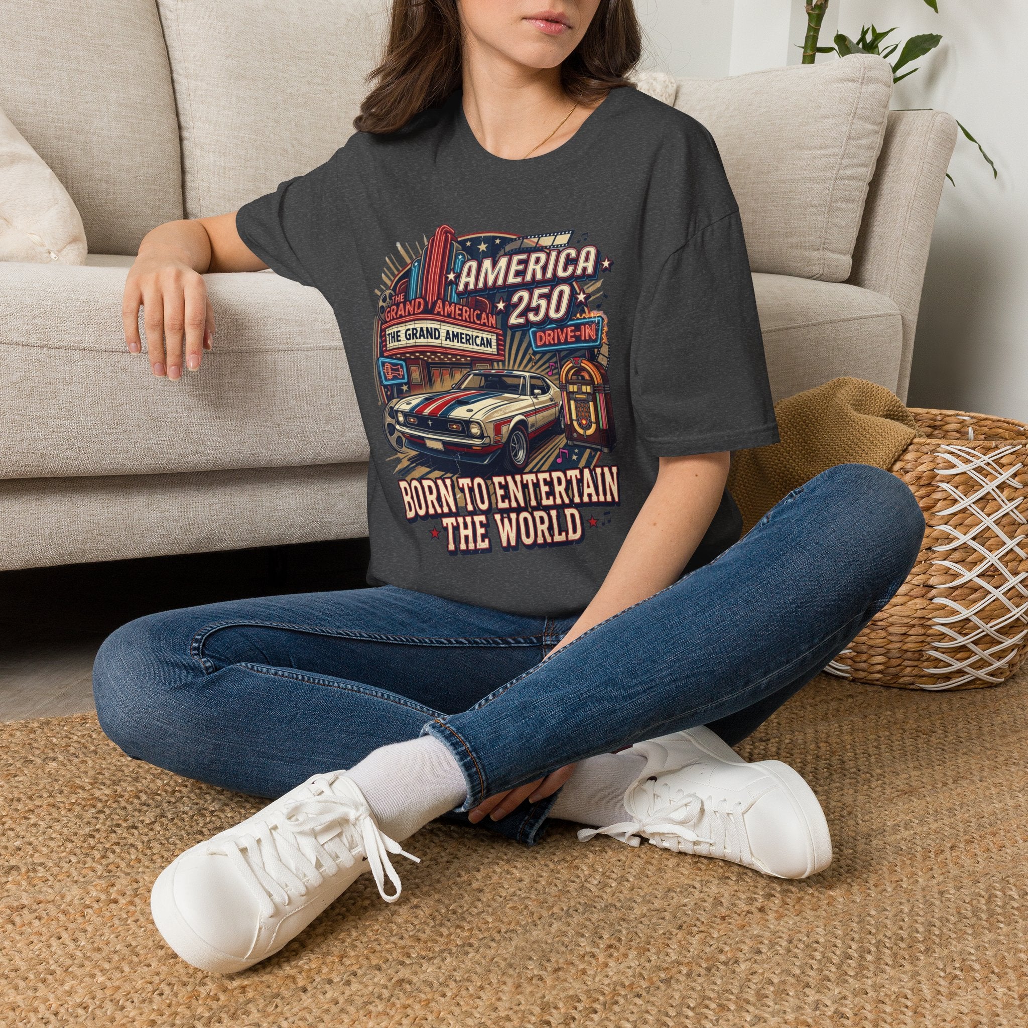America 250 Vintage Drive-In Car T-Shirt — "Born to Entertain the World" Pop Culture