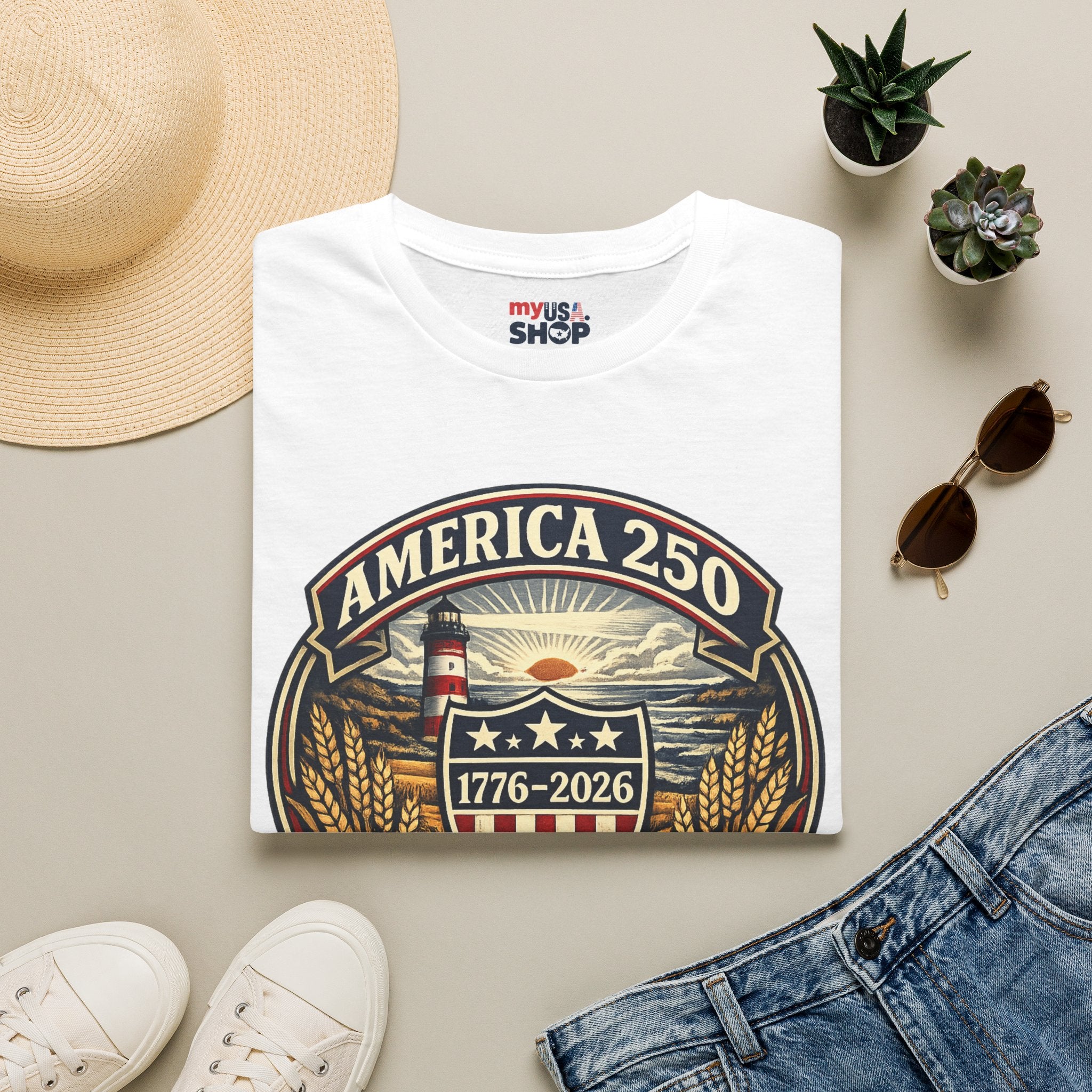 America 250 Commemorative T-Shirt – Wisconsin History Lighthouse Vintage Badge