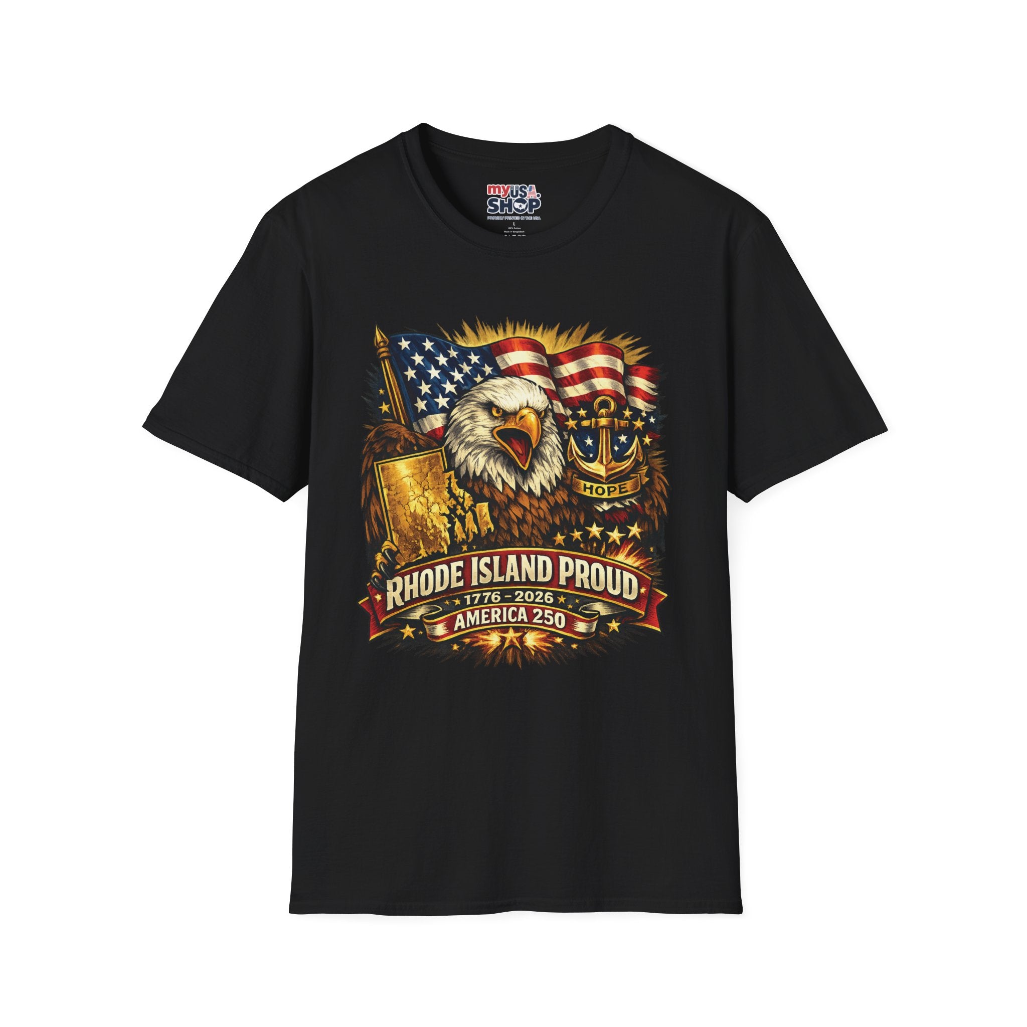 Rhode Island Proud America 250 T-Shirt — Patriotic Eagle Graphic Tee