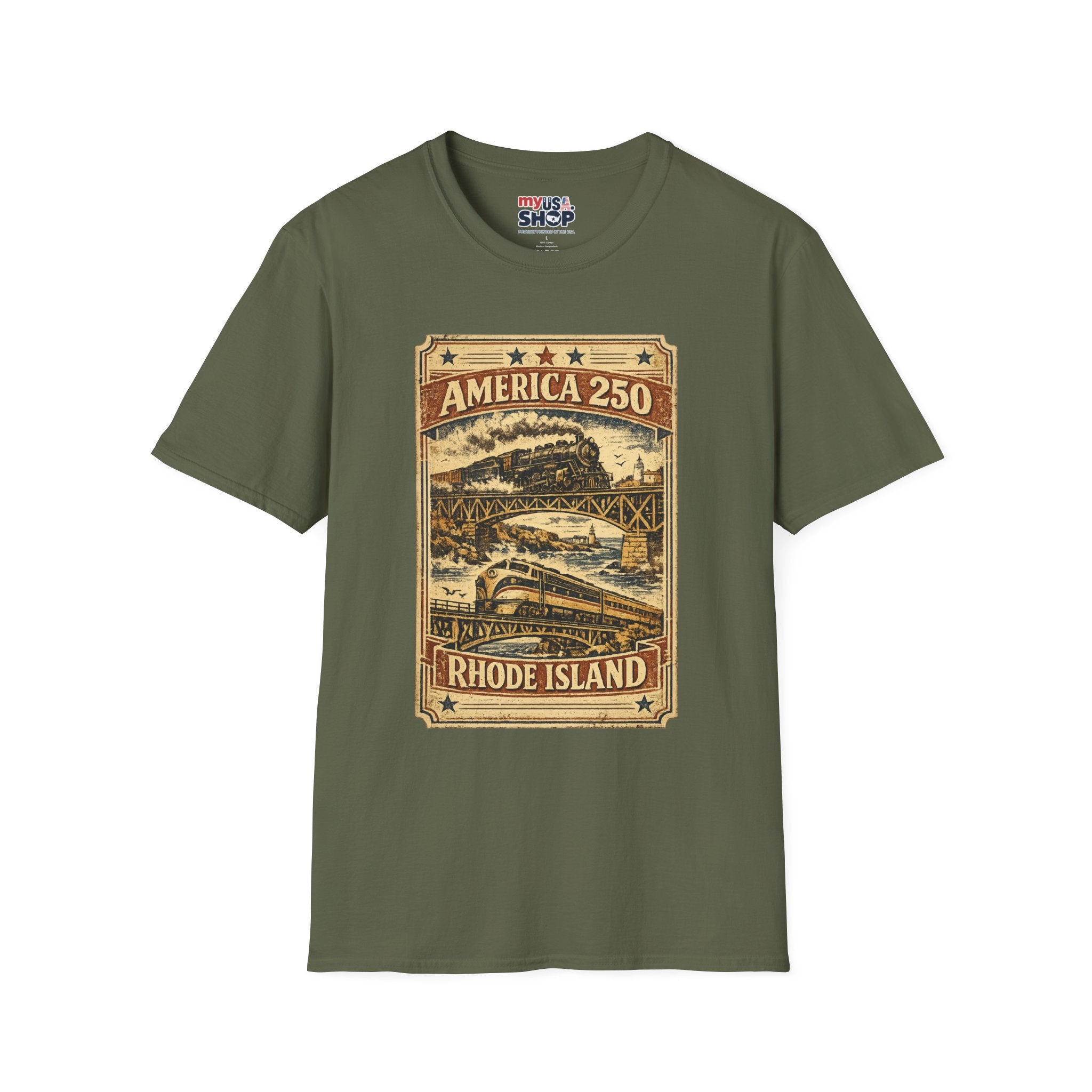 America 250 Rhode Island Train Heritage T-Shirt — Vintage Railroad Graphic Tee