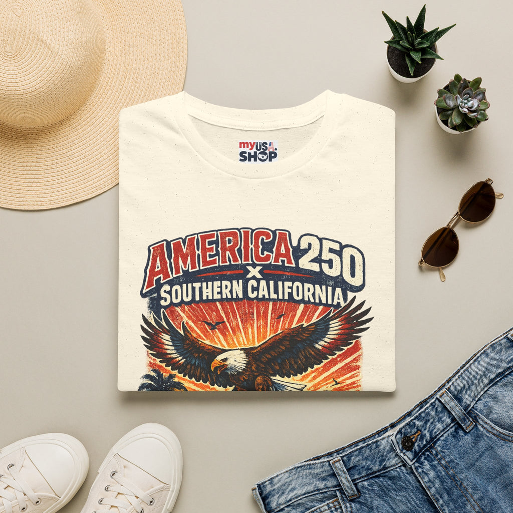 America 250 Southern California Graphic T-Shirt — Eagle, Sunset & Beach Vintage Design