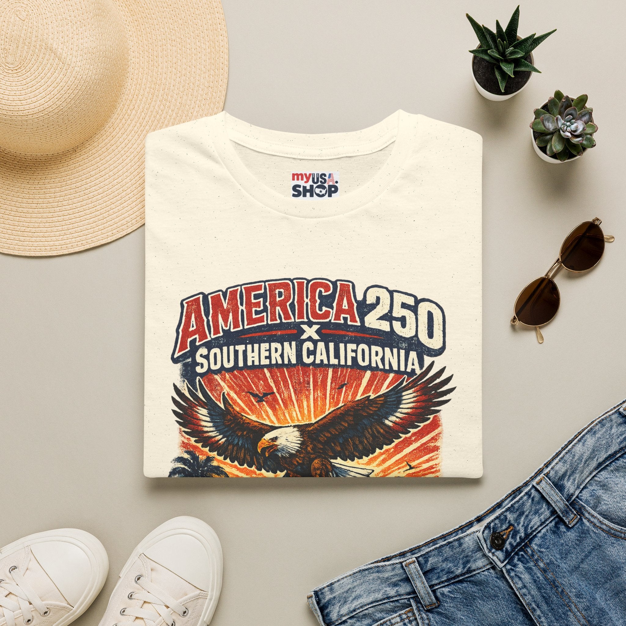 America 250 Southern California Graphic T-Shirt — Eagle, Sunset & Beach Vintage Design