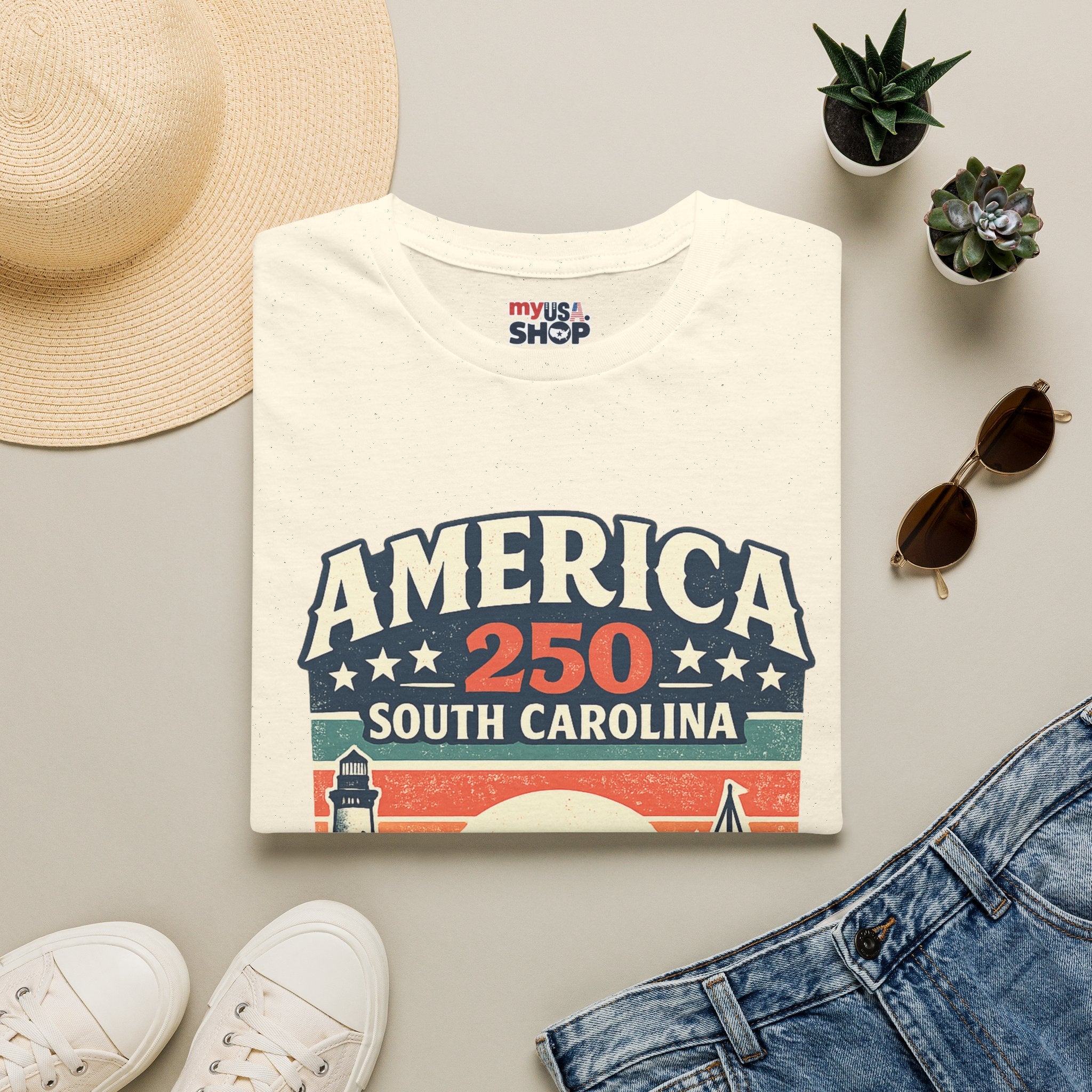 America 250 South Carolina T-Shirt – Retro Sunset Sailing Patriotic Tee