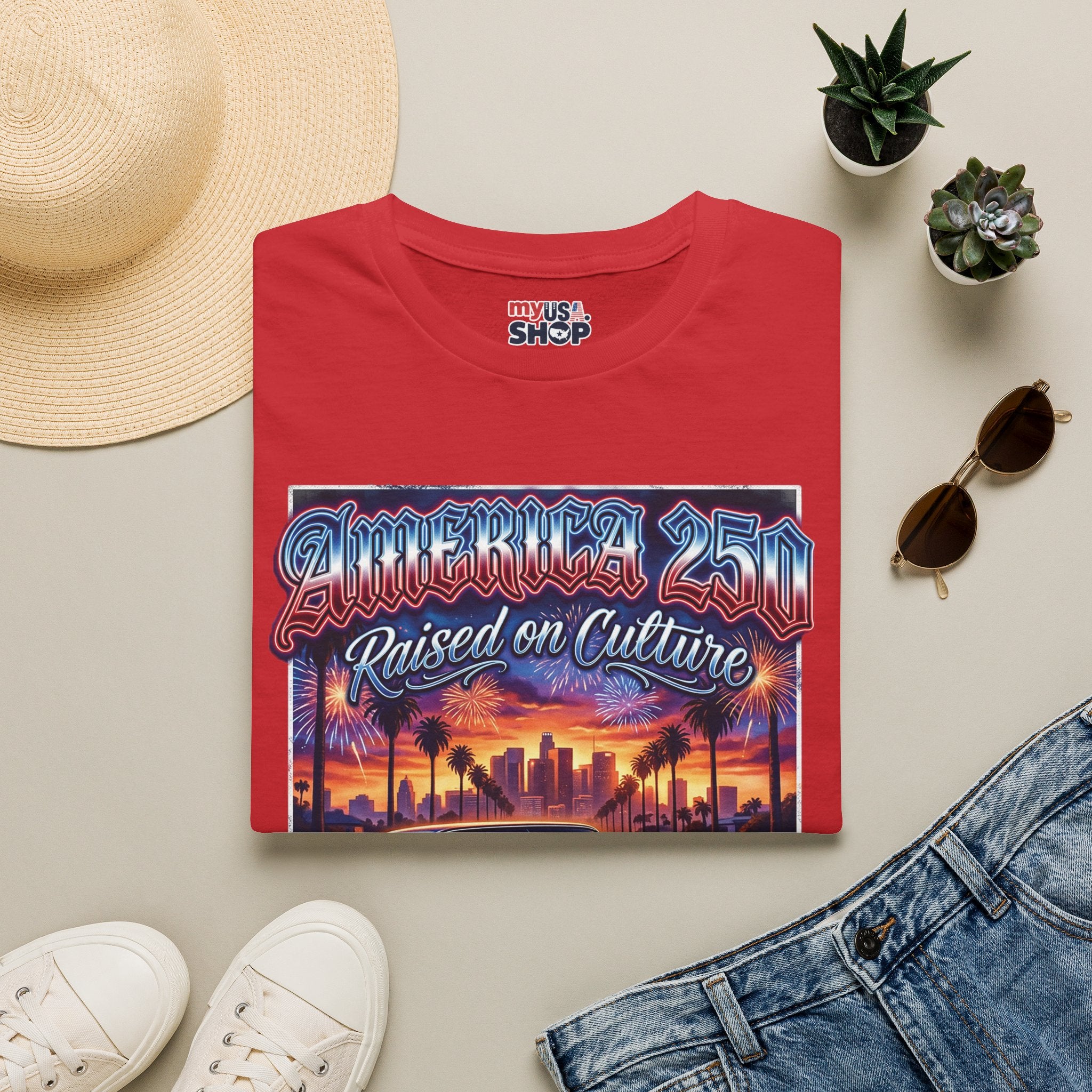 America 250 California "Raised on Culture" — Vintage Sunset Classic Car Patriotic