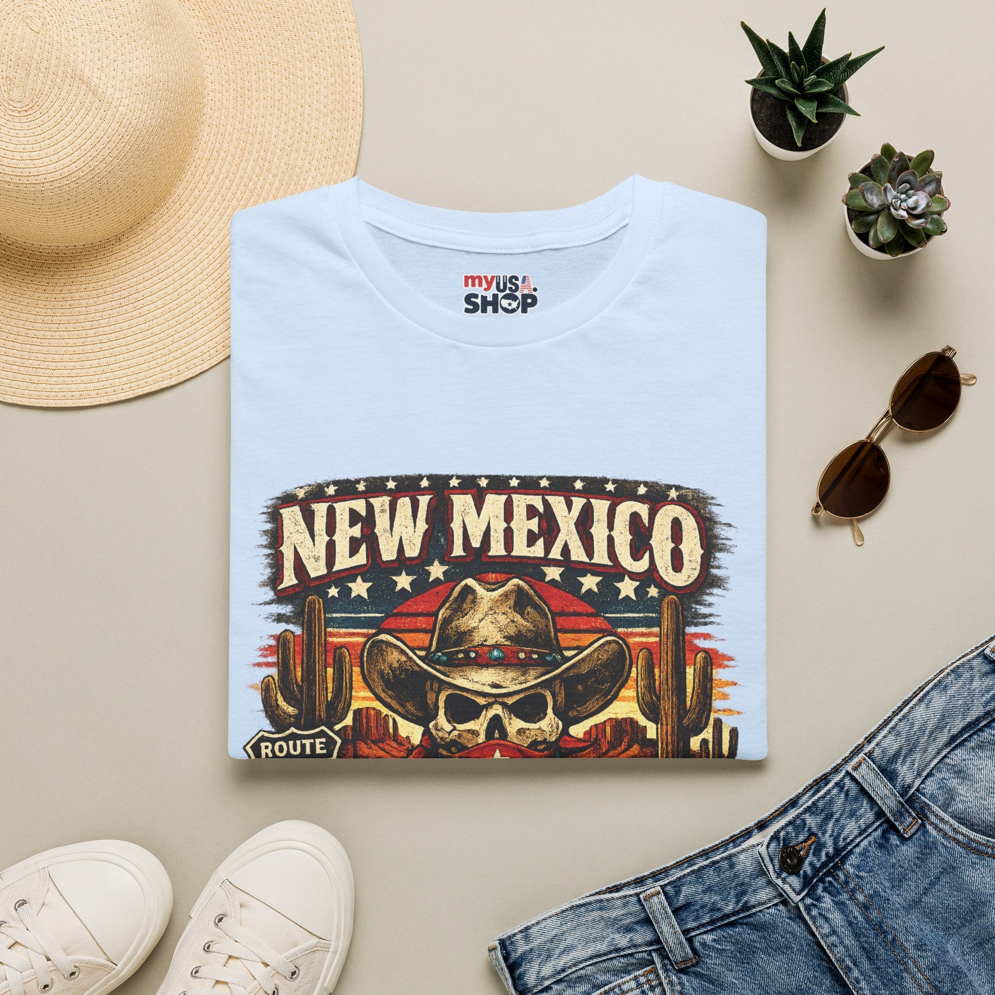America 250 x New Mexico Skull Cowboy — Vintage Route 66 Desert