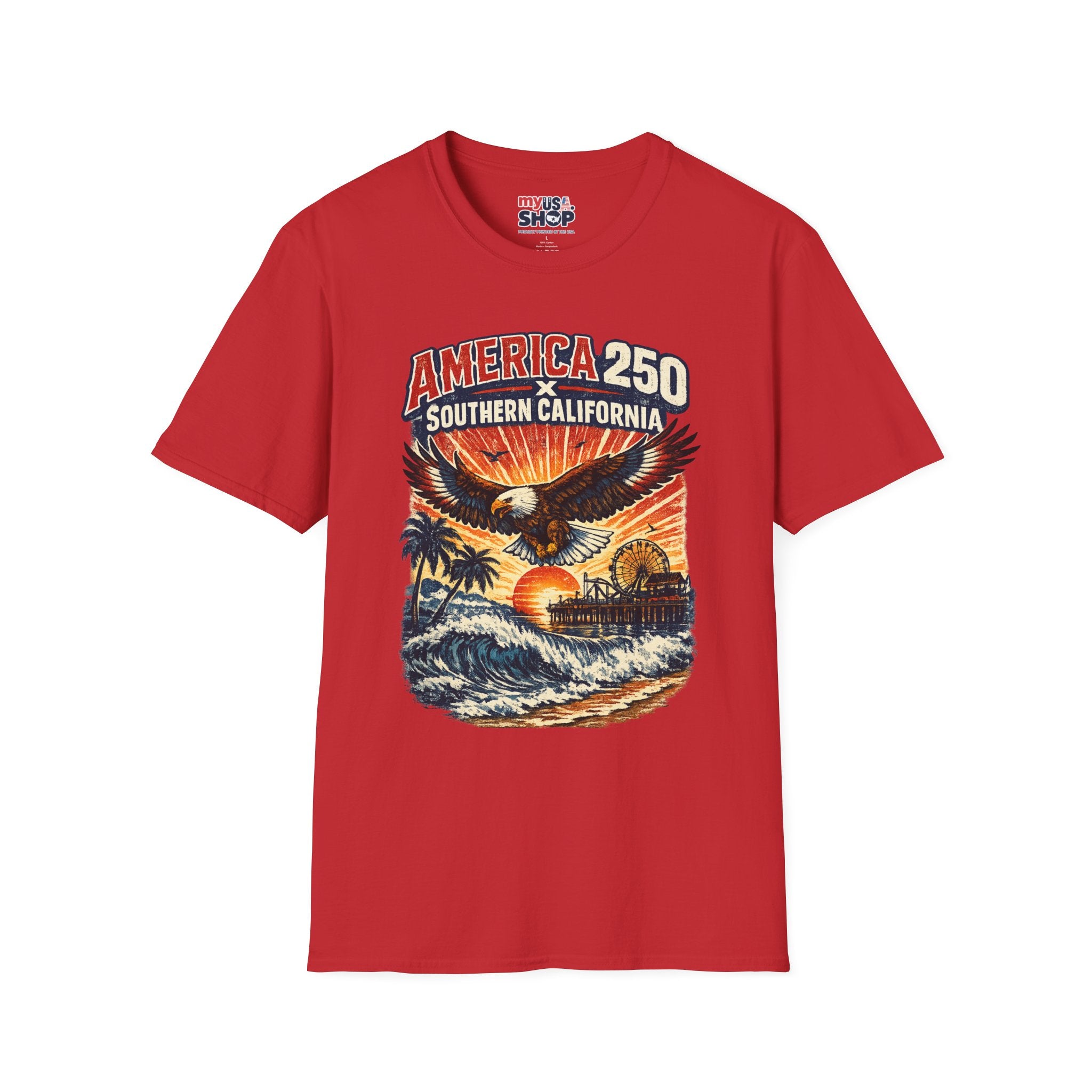 America 250 Southern California Graphic T-Shirt — Eagle, Sunset & Beach Vintage Design