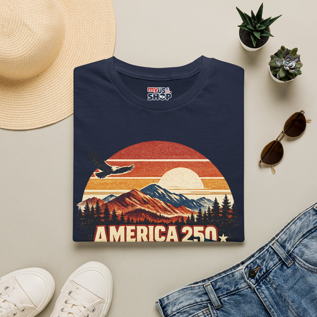 America 250 Retro Sunrise T-Shirt — West Virginia Scenic Eagle Design