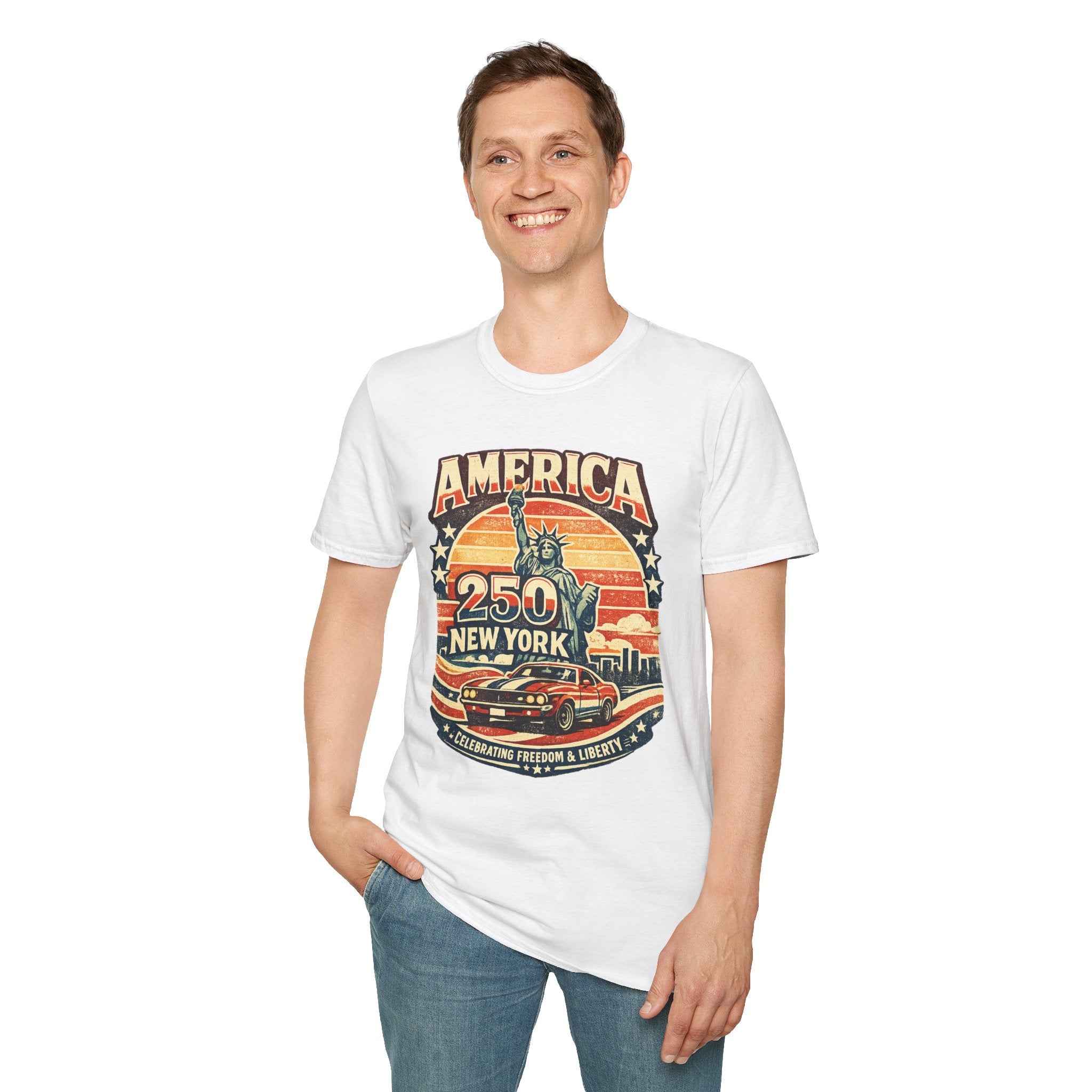 America 250 New York T-Shirt — Retro Statue of Liberty Graphic