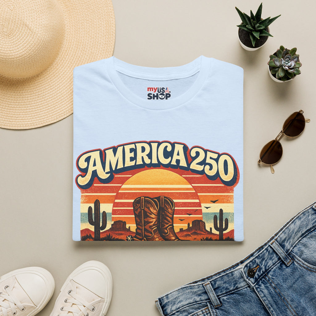 America 250 Texas T-Shirt — 1776–2026 Retro Cowboy Boots Sunset Design
