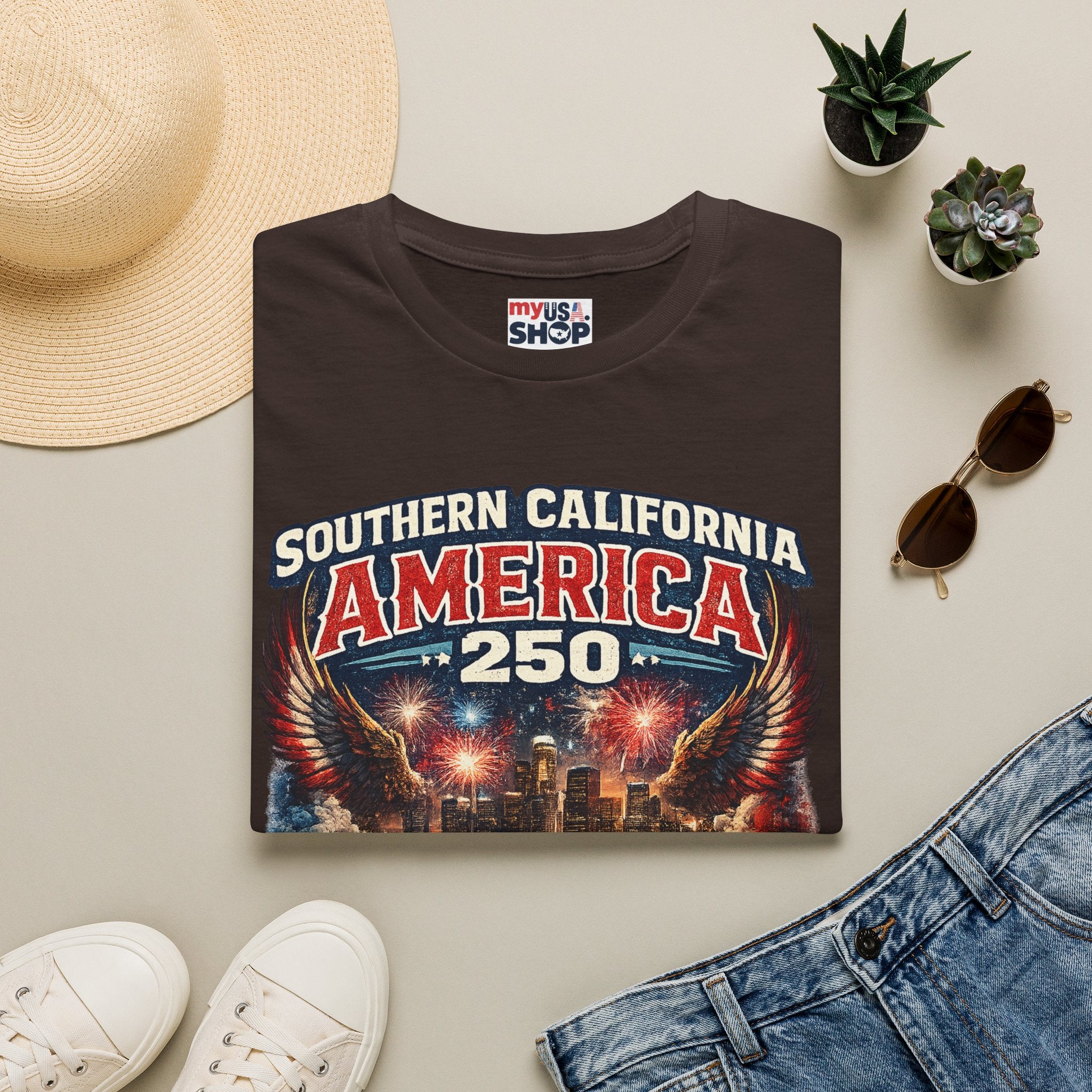 Southern California America 250 T-Shirt — Patriotic Eagle Fireworks Tee