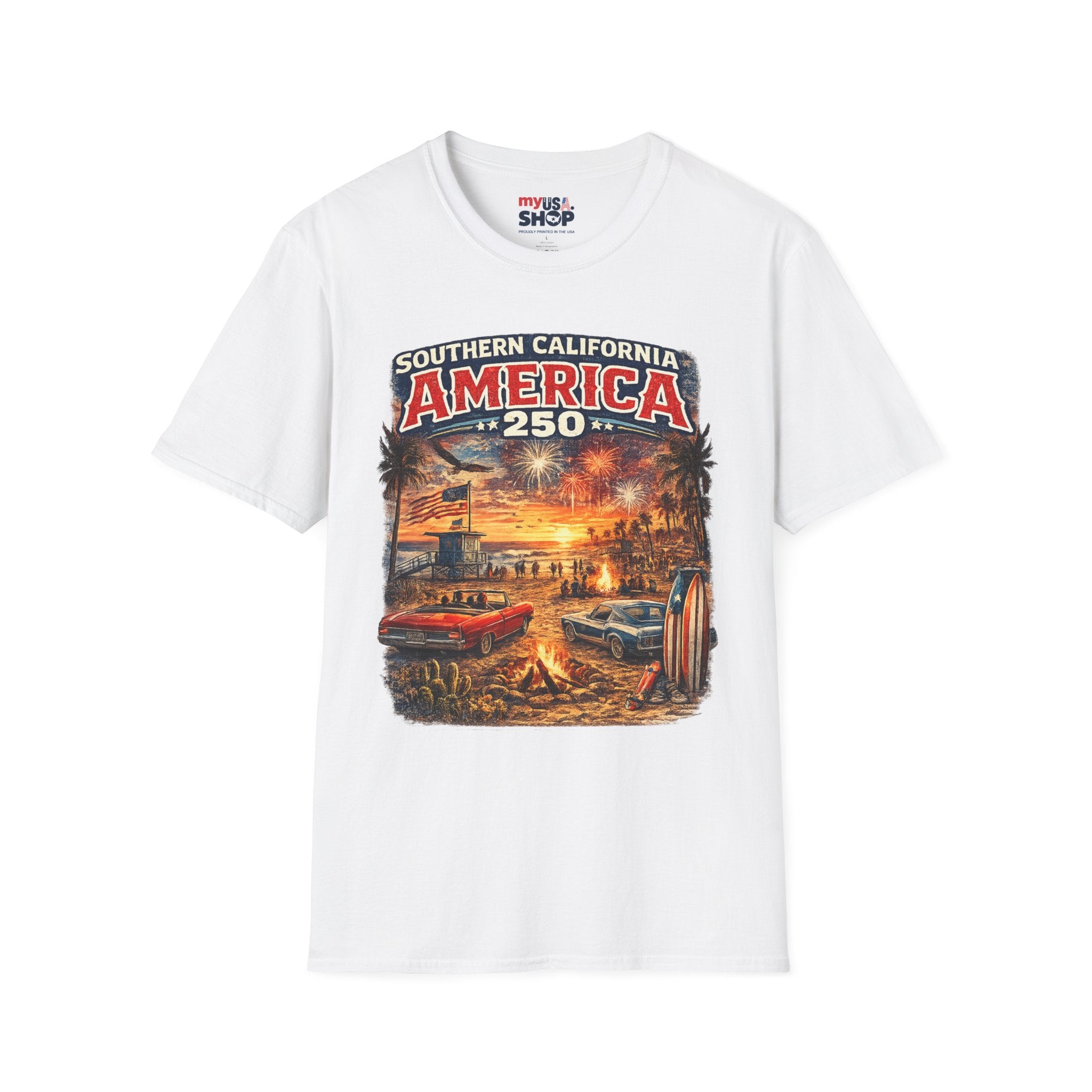 America 250 Southern California Sunset T-Shirt — Patriotic 4th of July Beach Vintage Tee