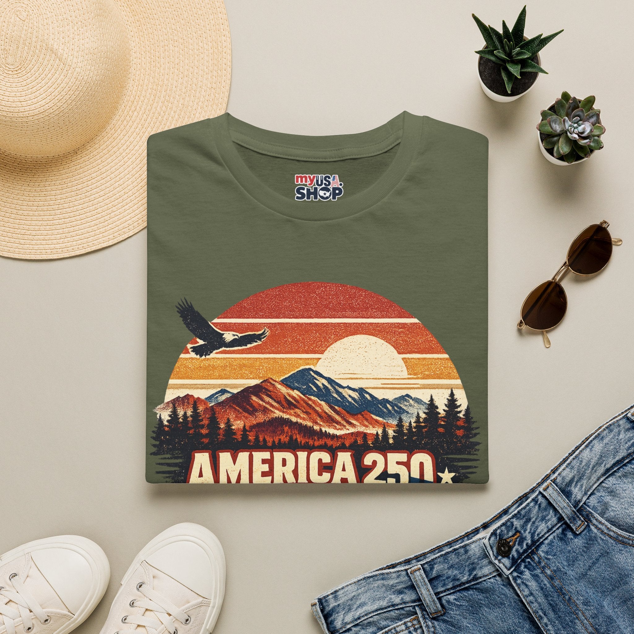 America 250 Retro Sunrise T-Shirt — West Virginia Scenic Eagle Design