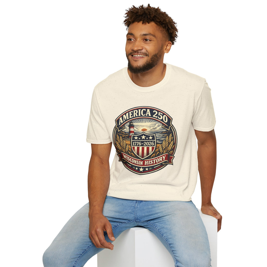 America 250 Commemorative T-Shirt – Wisconsin History Lighthouse Vintage Badge