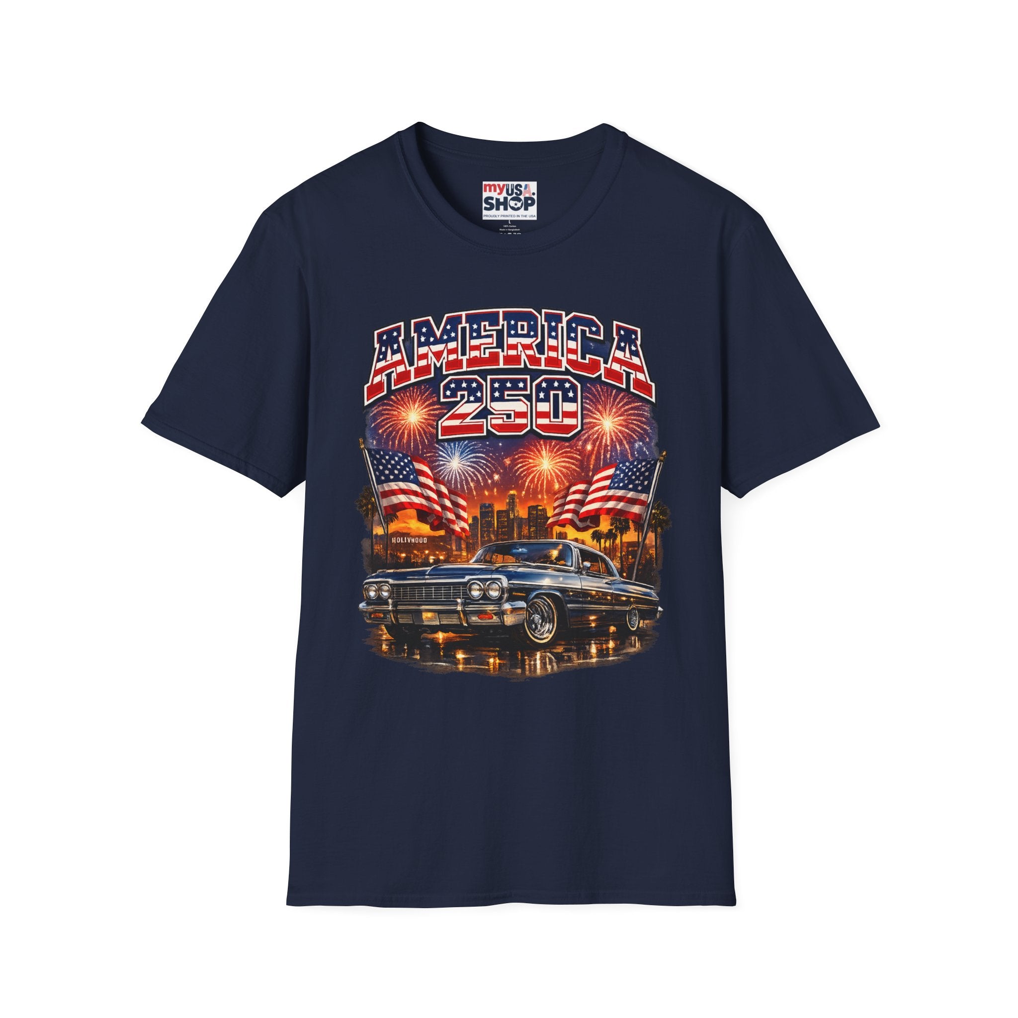 America 250 T-Shirt — Patriotic Fireworks Classic Car Tee for Independence Day