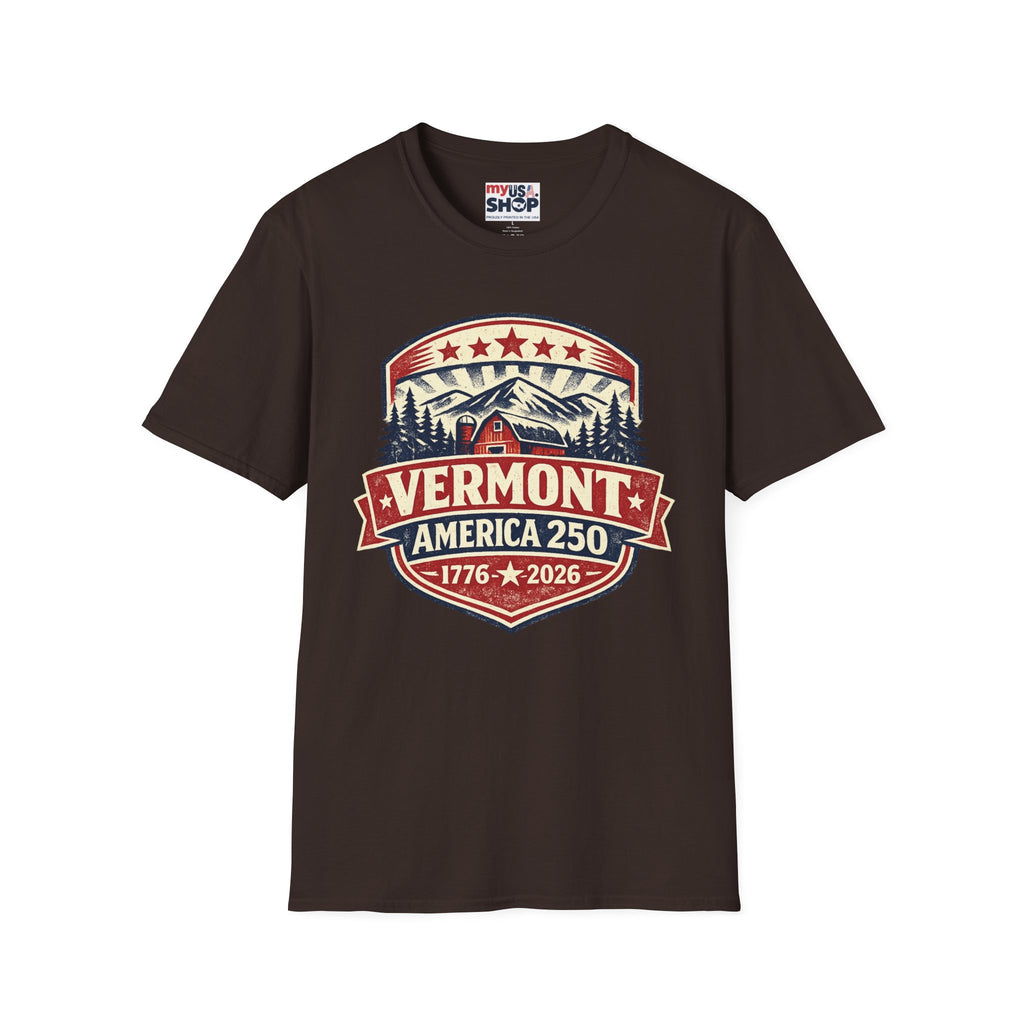 Vermont America 250 T-Shirt — Retro Mountain Cabin Design