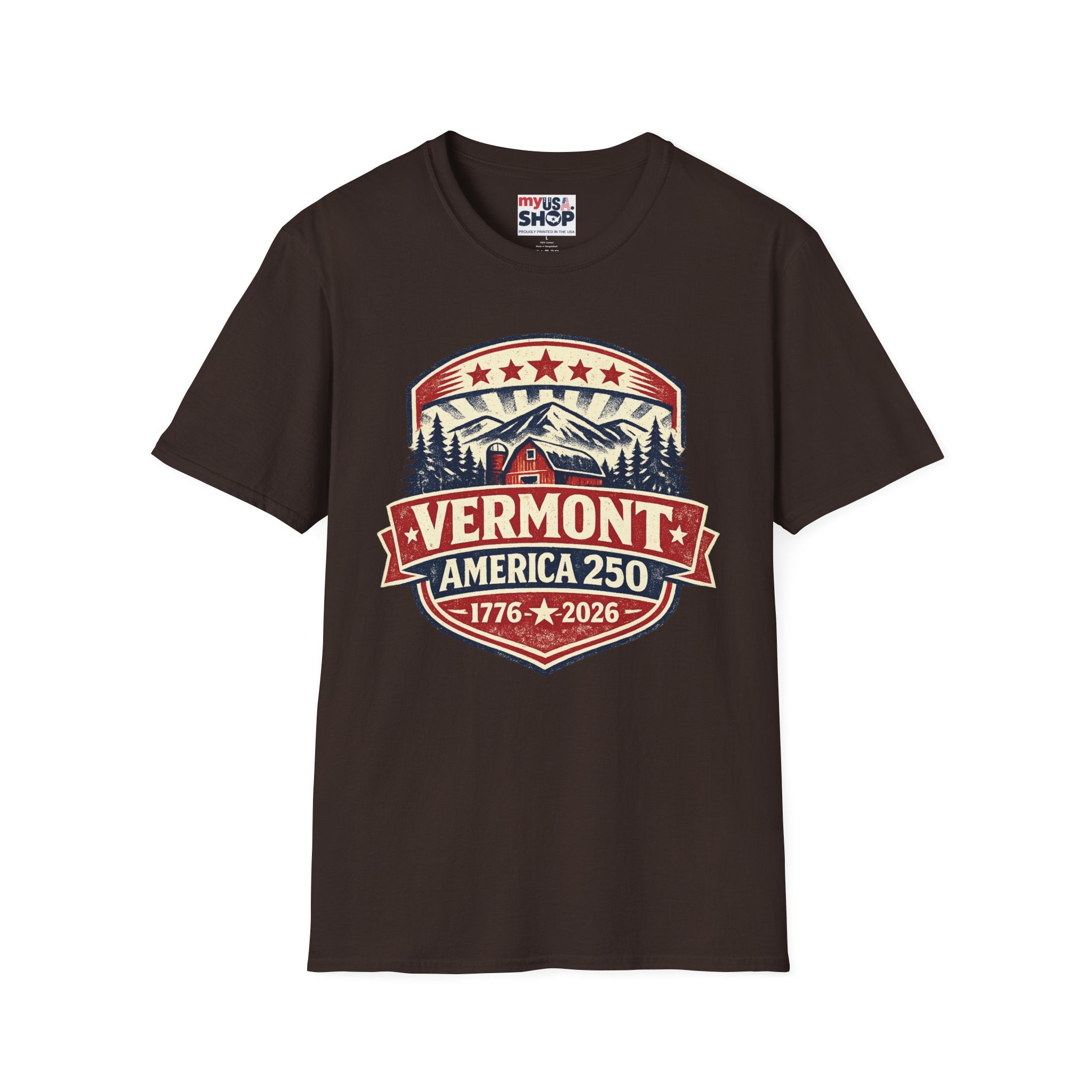Vermont America 250 T-Shirt — Retro Mountain Cabin Design