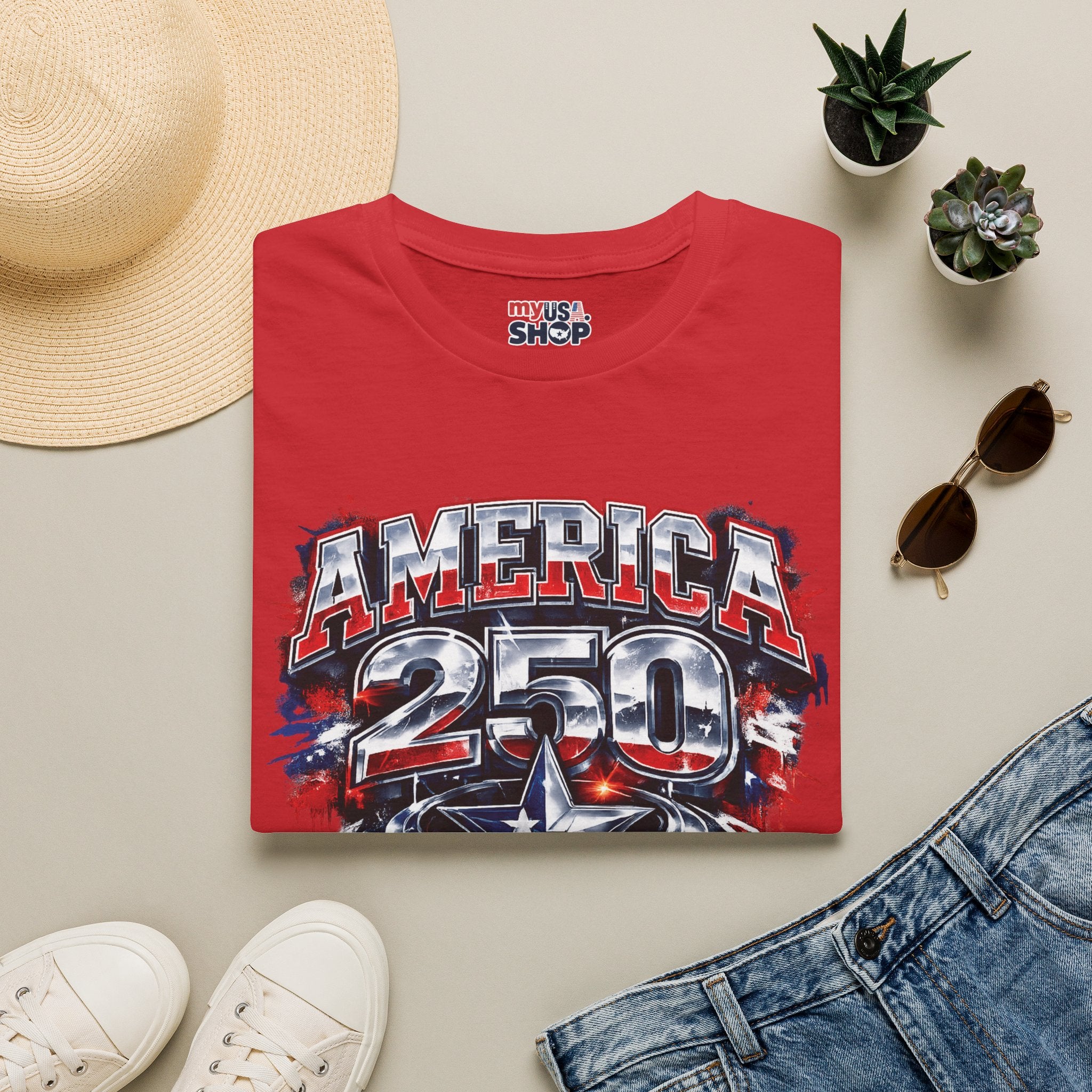 America 250 Texas Shirt — Patriotic Chrome Star Graphic Tee