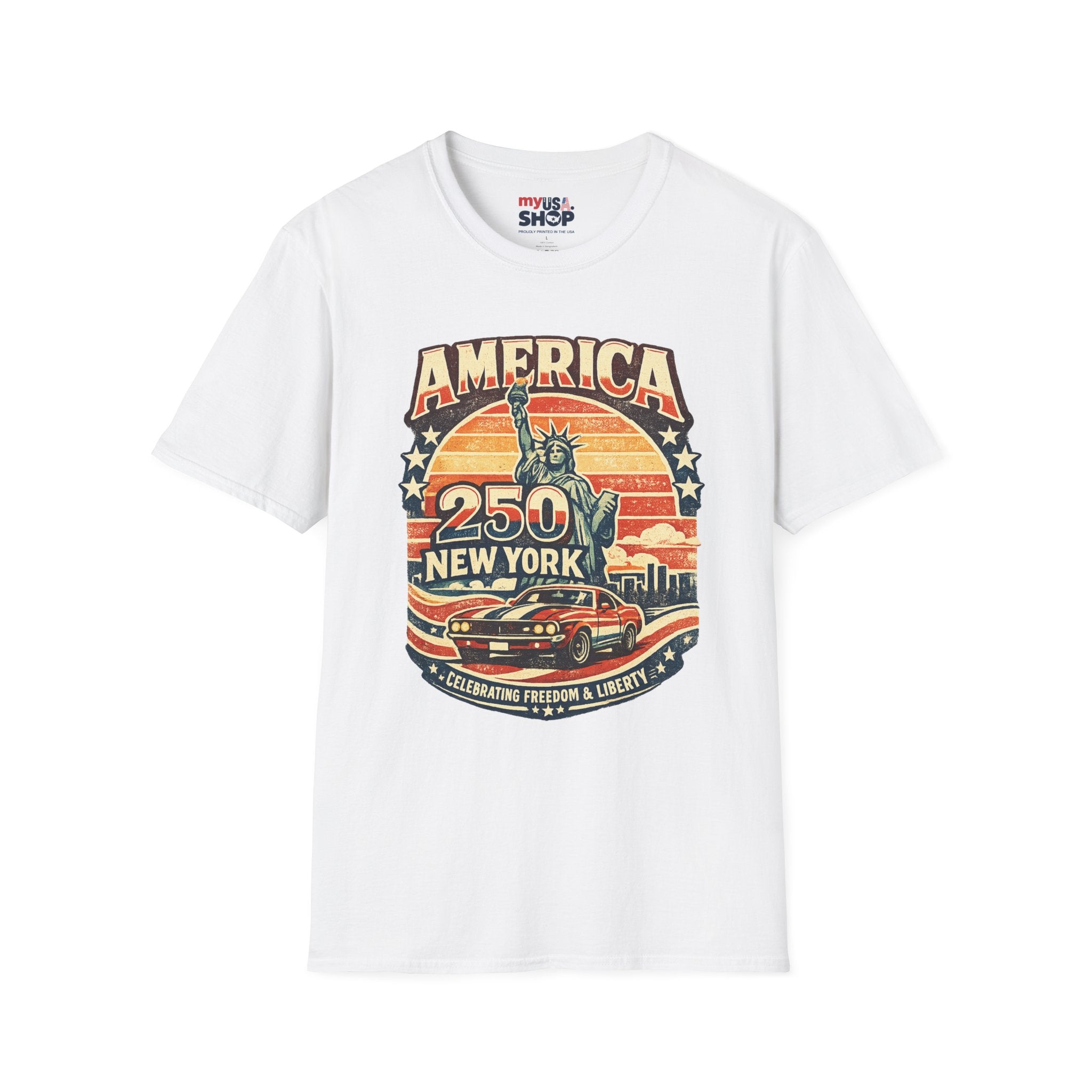 America 250 New York T-Shirt — Retro Statue of Liberty Graphic