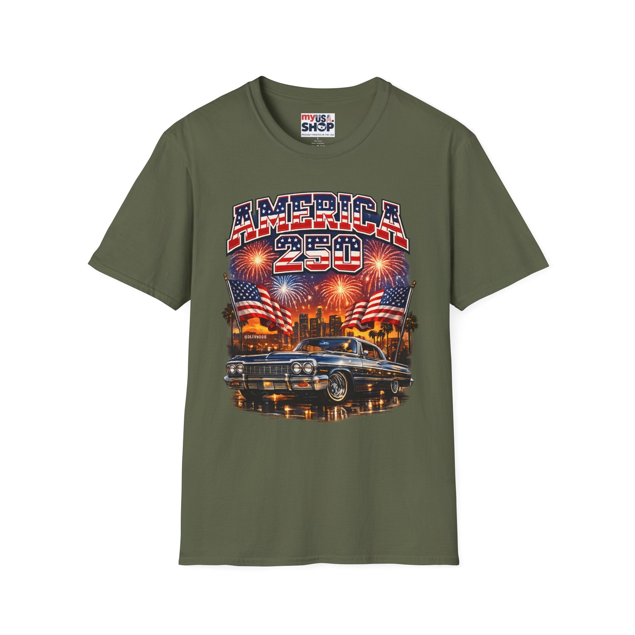 America 250 T-Shirt — Patriotic Fireworks Classic Car Tee for Independence Day