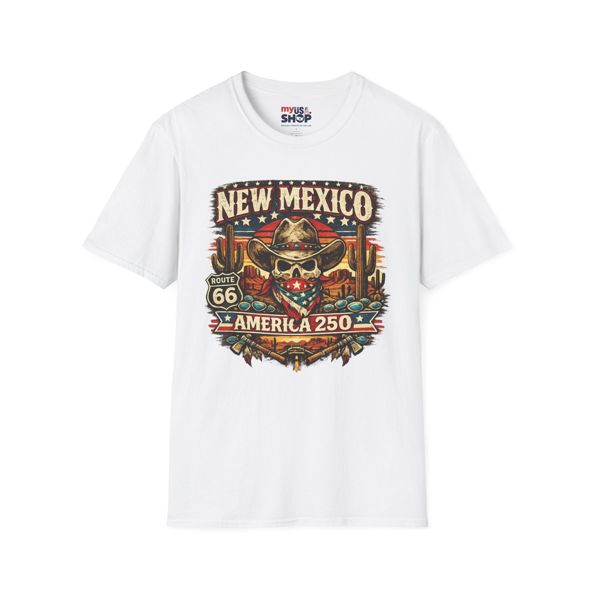 America 250 New Mexico Skull Cowboy T-Shirt — Route 66 Americana Desert Tee