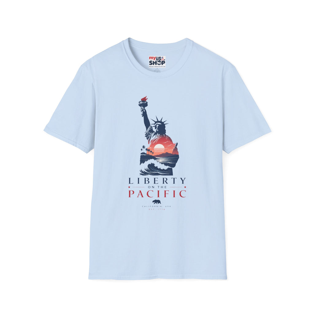 America 250 Liberty Pacific California T-Shirt — Statue of Liberty Sunset Graphic