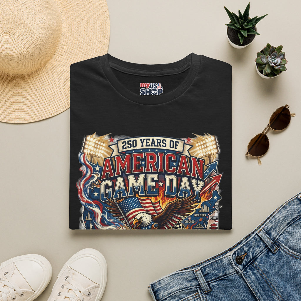 American Game Day T-Shirt — 250 Years USA Football & Baseball Celebration Pop Culture