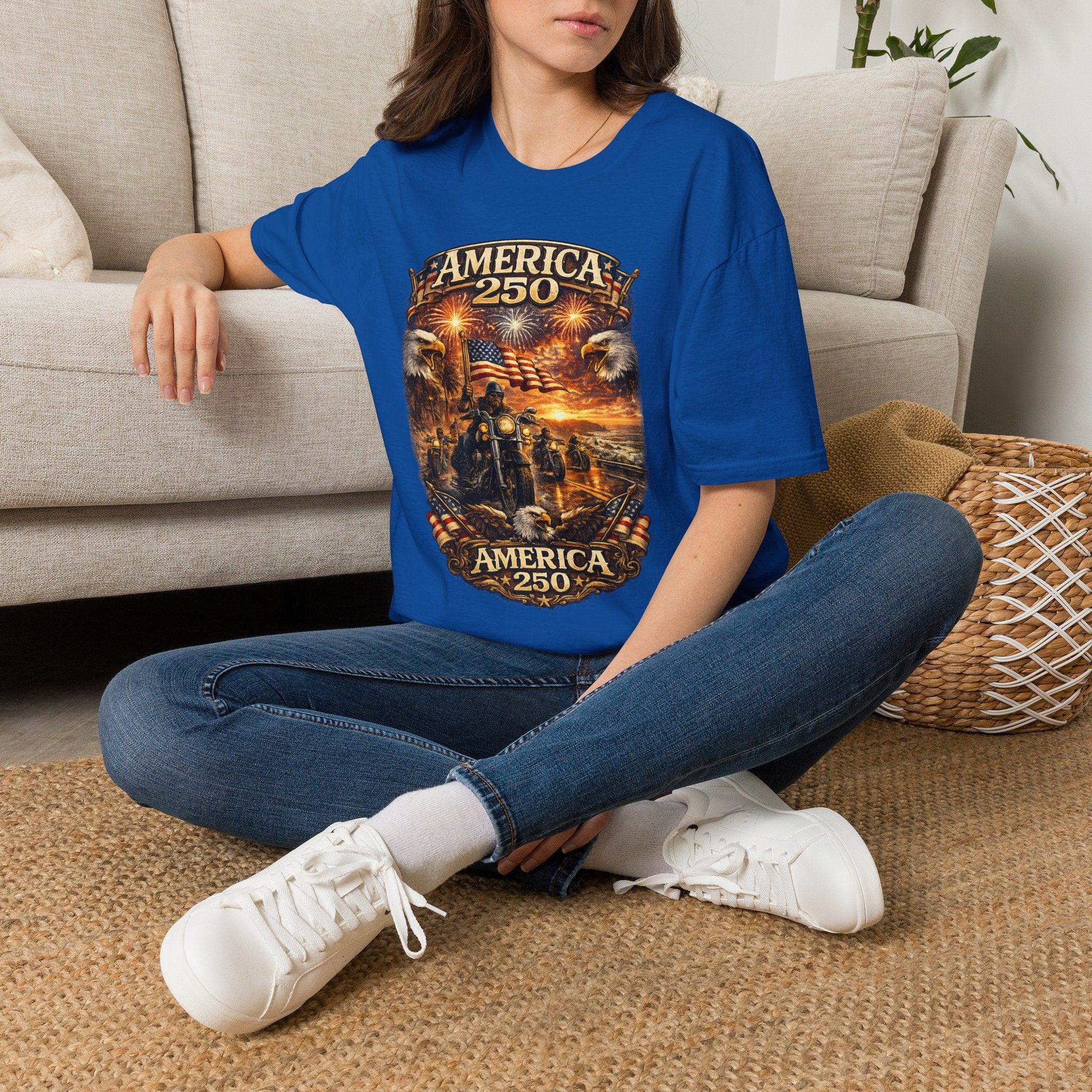 America 250 Celebration T-Shirt — Patriotic Fireworks & Bald Eagle Tee