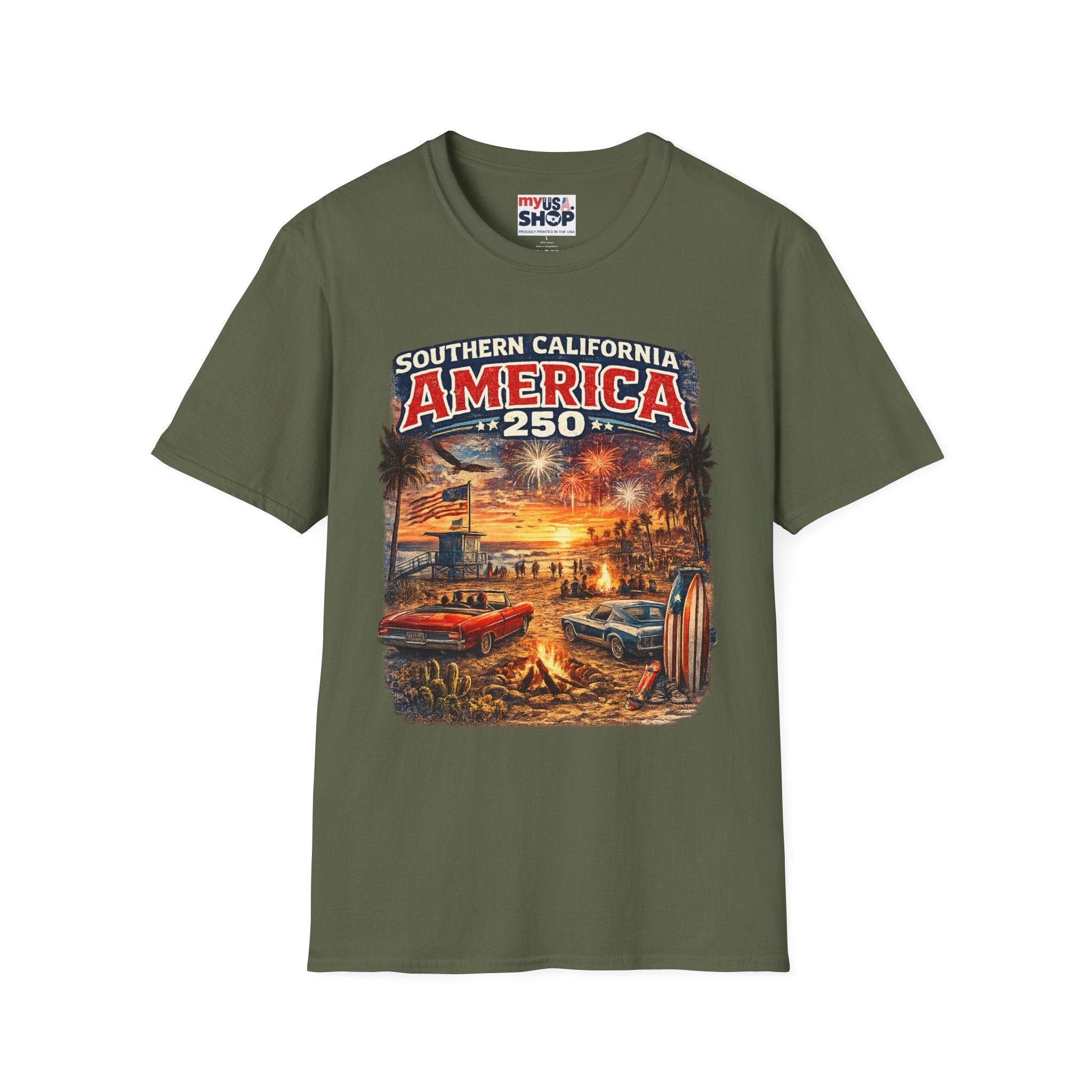 America 250 Southern California Sunset T-Shirt — Patriotic 4th of July Beach Vintage Tee