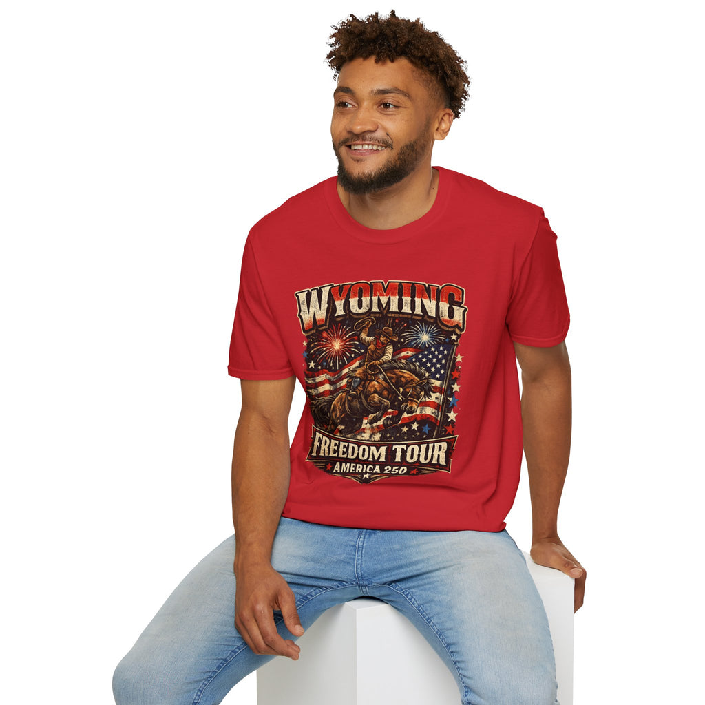 America 250 Freedom Tour T-Shirt — Wyoming Patriotic Rodeo USA Graphic Tee