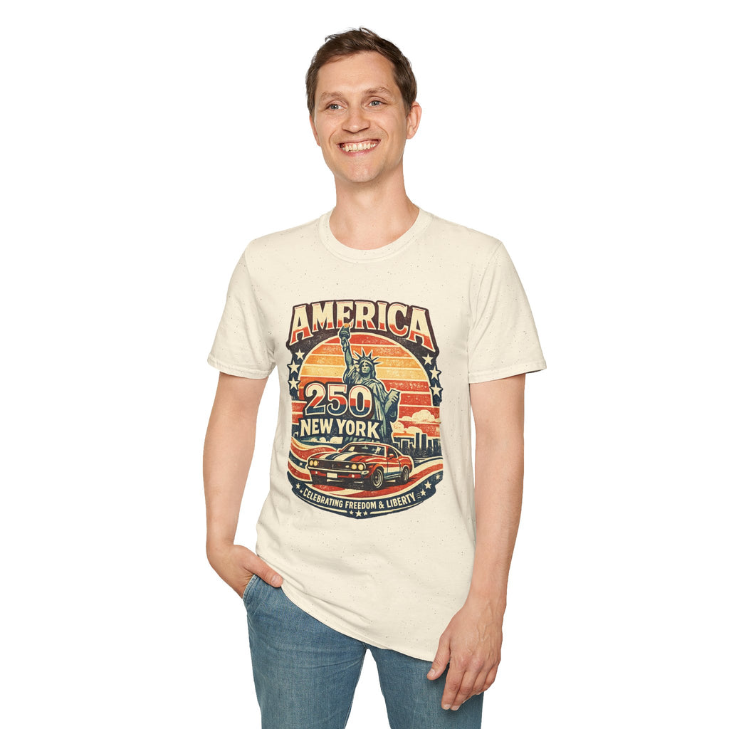 America 250 New York T-Shirt — Retro Statue of Liberty Graphic
