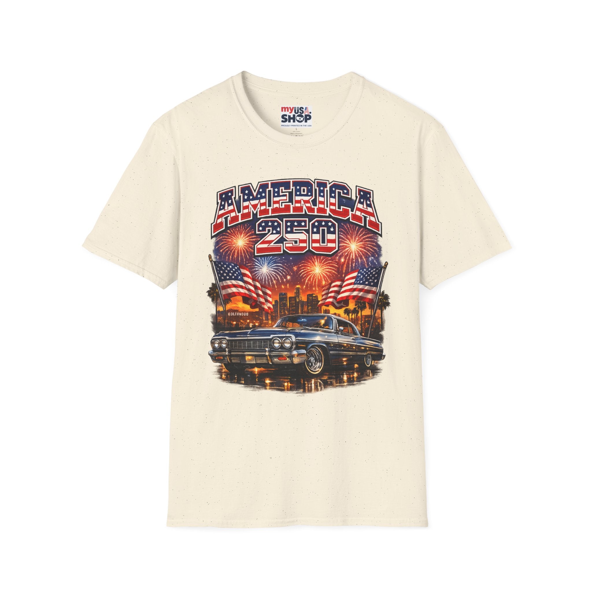 America 250 T-Shirt — Patriotic Fireworks Classic Car Tee for Independence Day