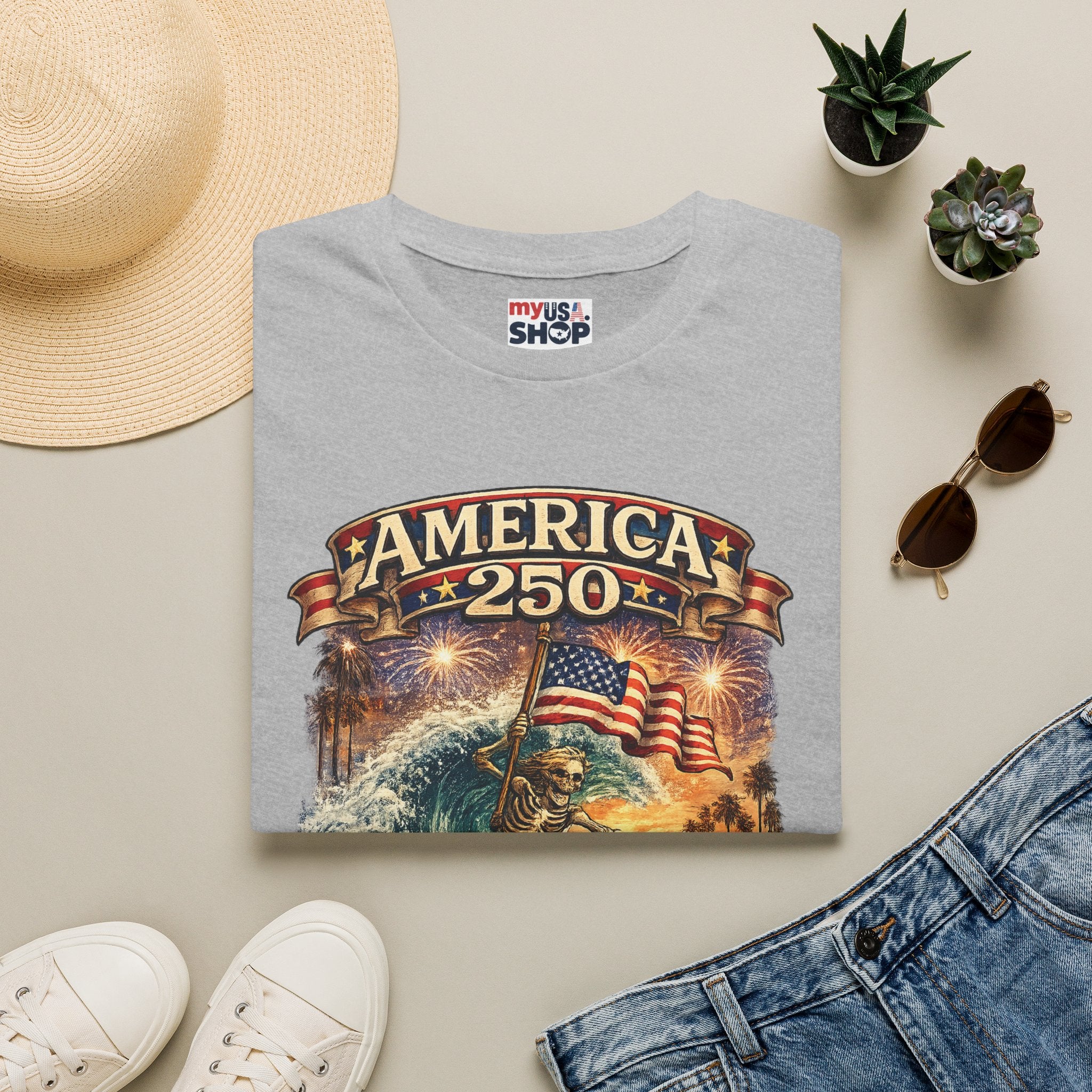 America 250 Venice Beach T-Shirt — Patriotic Vintage Surf & Fireworks Tee