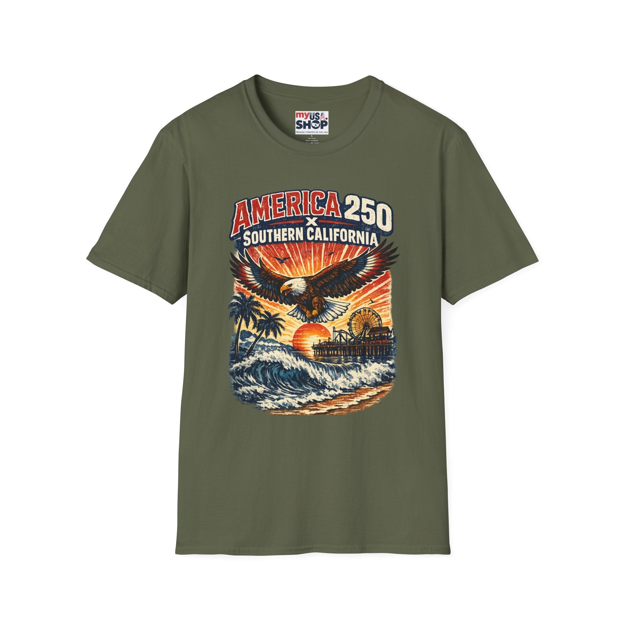 America 250 Southern California Graphic T-Shirt — Eagle, Sunset & Beach Vintage Design