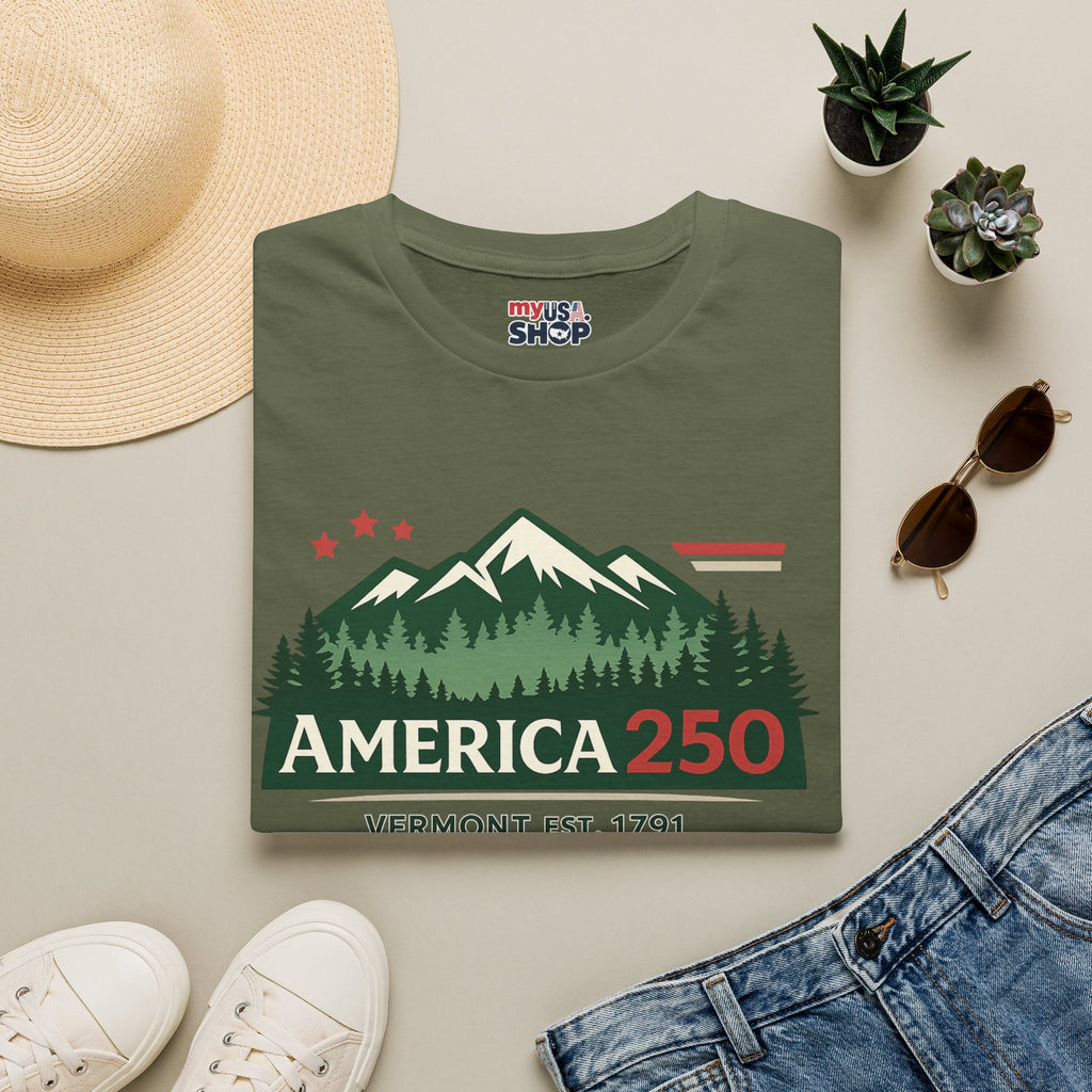 America 250 – Vermont Est. 1791 Mountain Star Vintage Tee Design