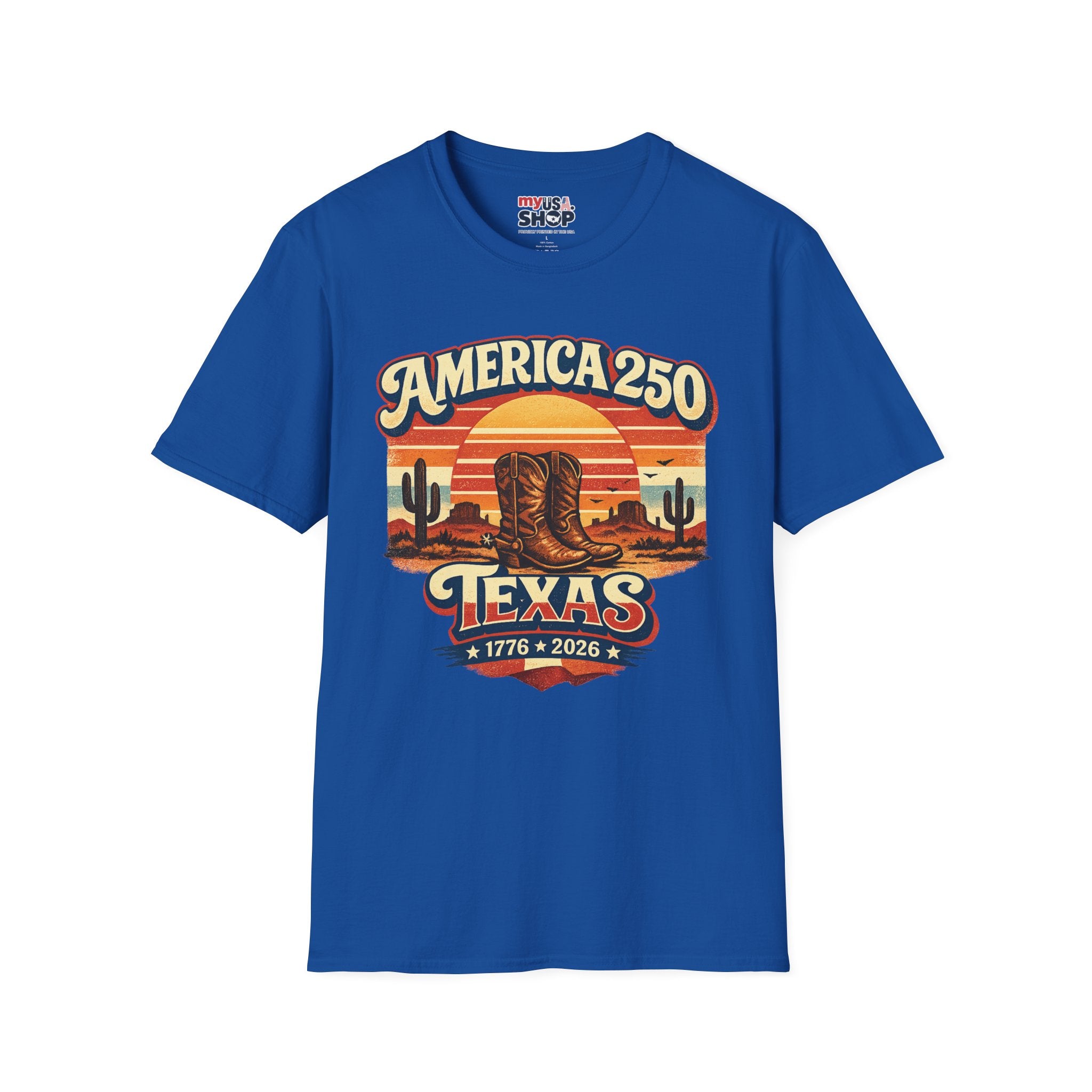 America 250 Texas T-Shirt — 1776–2026 Retro Cowboy Boots Sunset Design
