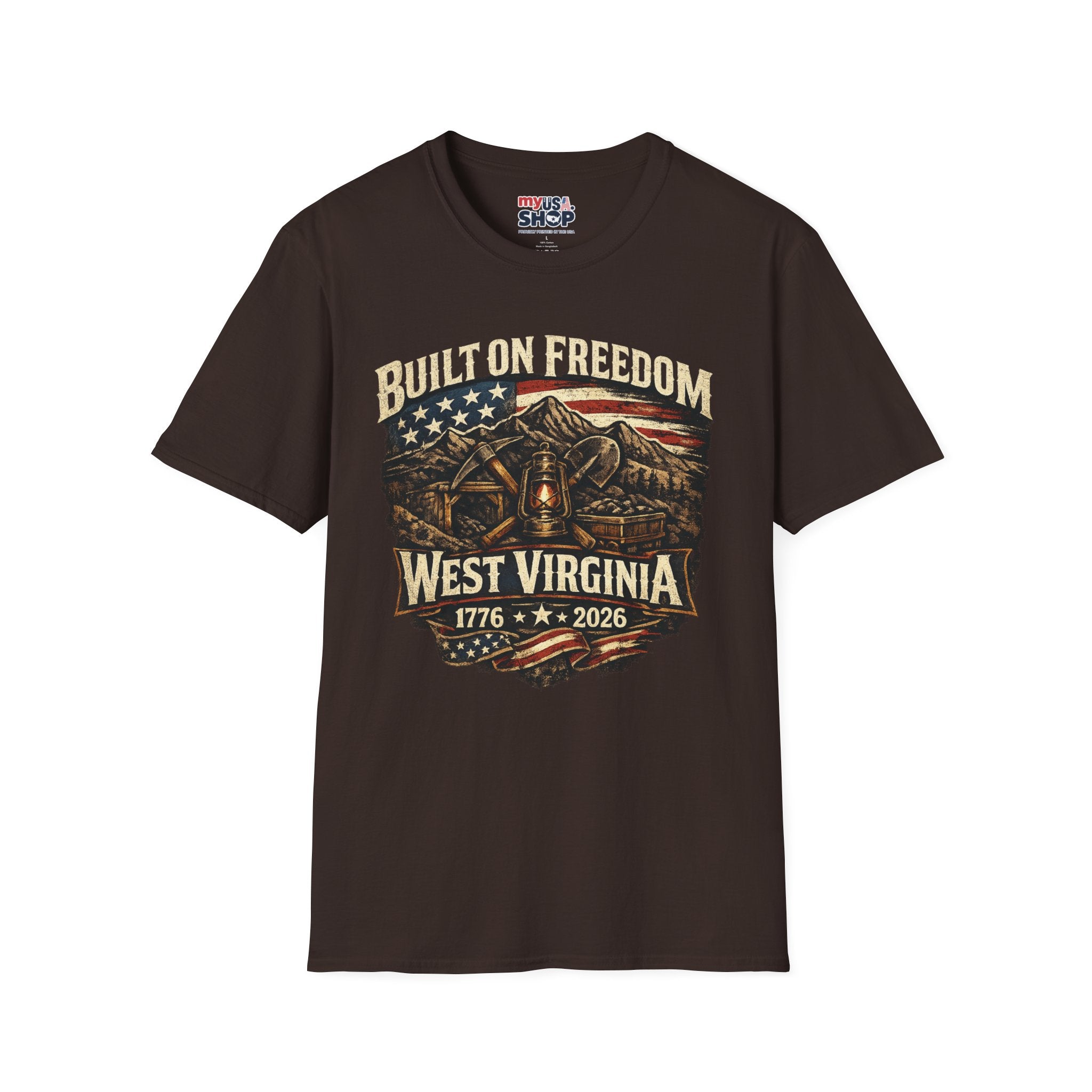 America 250 T-Shirt — Built on Freedom West Virginia Vintage Flag Mountain