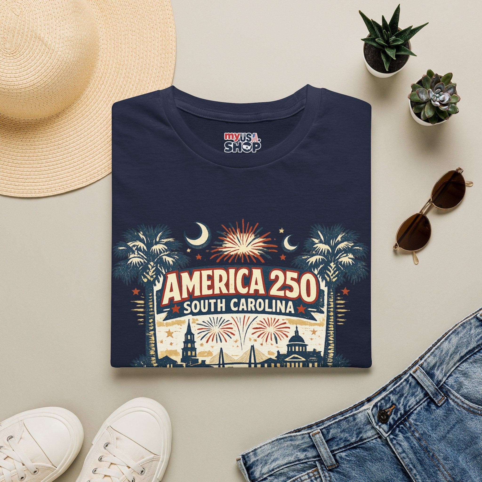 America 250 South Carolina T‑Shirt — Patriotic 250th Anniversary Tee with Palms & Fireworks