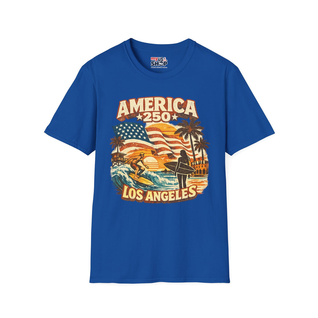 America 250 Los Angeles Surfers Beach Flag Palm Trees Sunset Retro California Tee