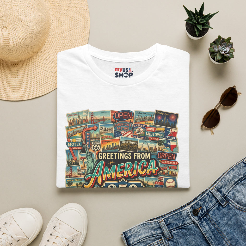 Greetings From America 250 Vintage Postcard T-Shirt Pop Culture