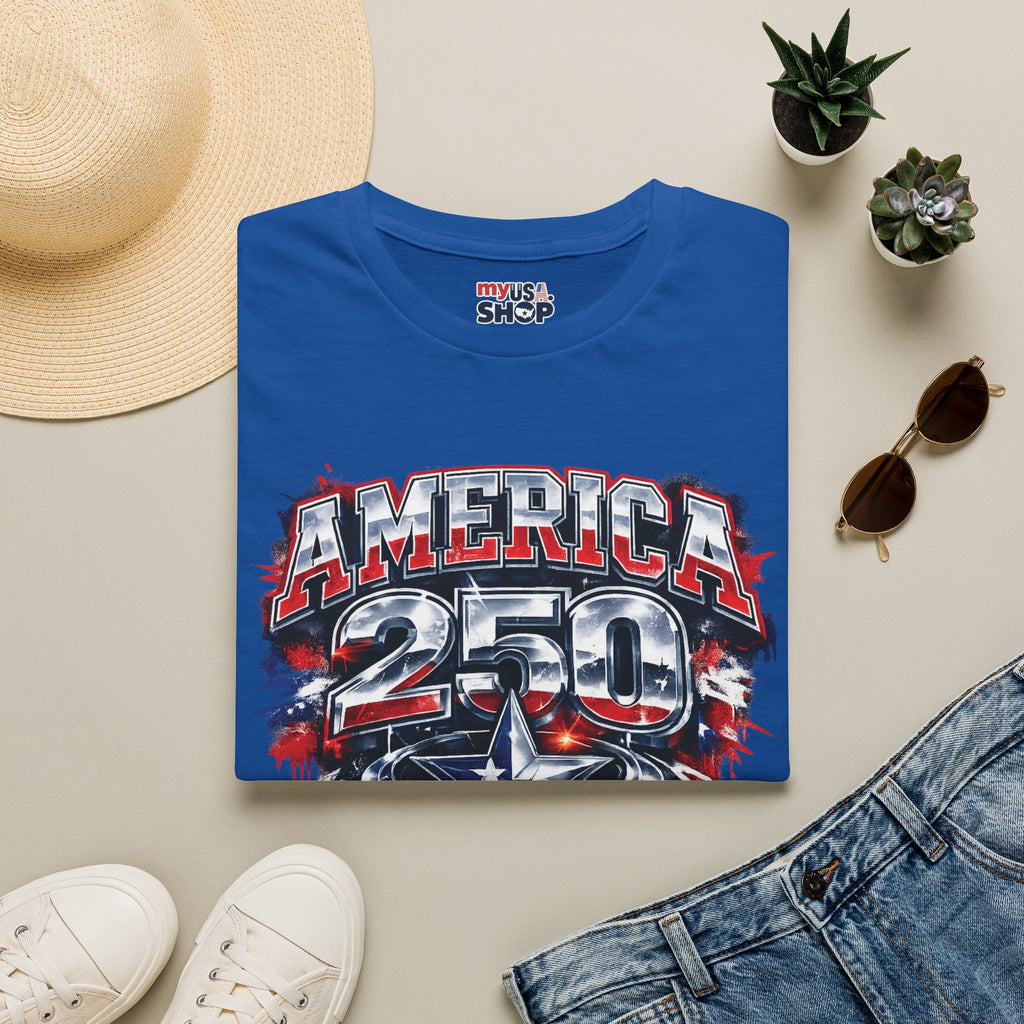 America 250 Texas Shirt — Patriotic Chrome Star Graphic Tee