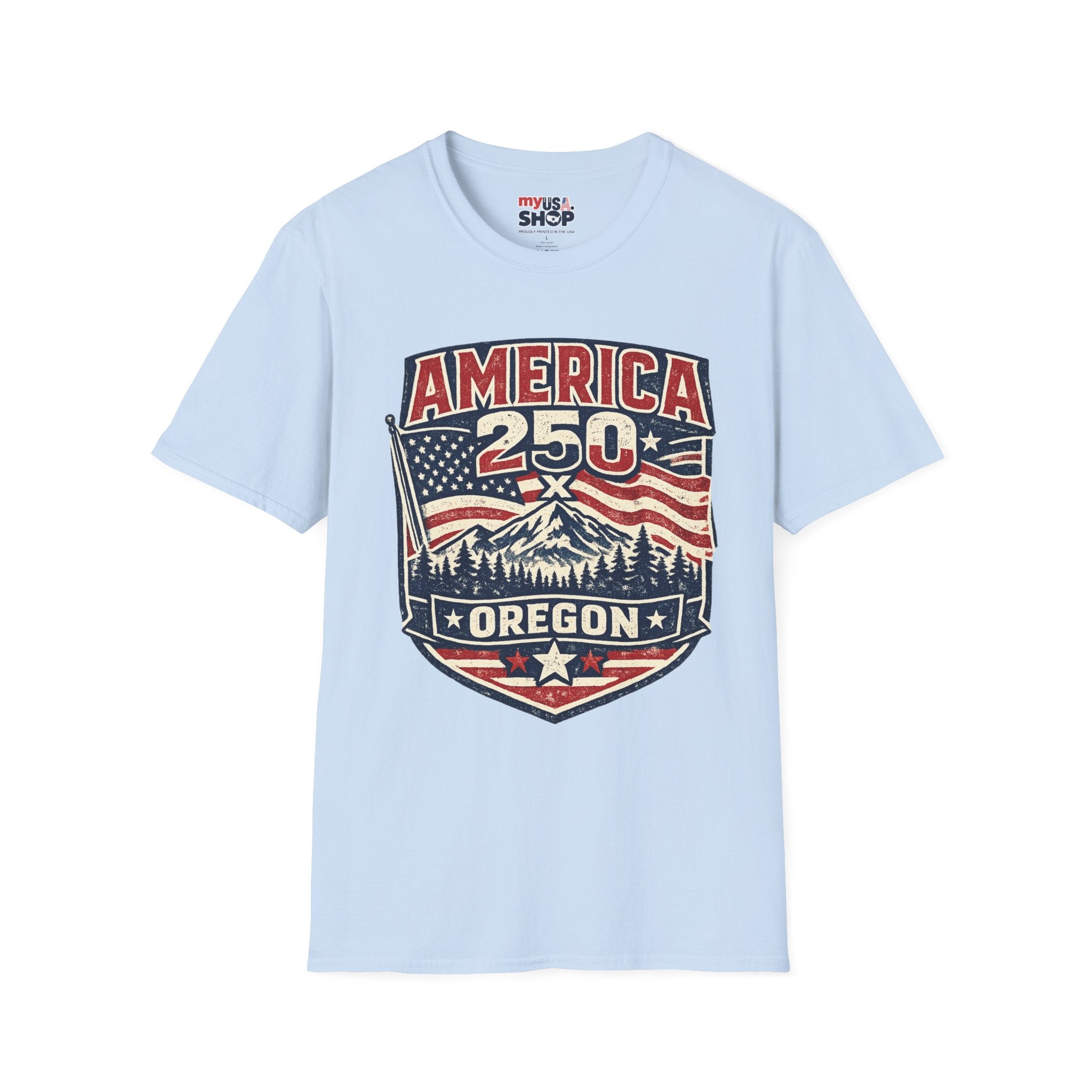 America 250 Oregon Shirt — Patriotic Mountain Flag Badge Tee