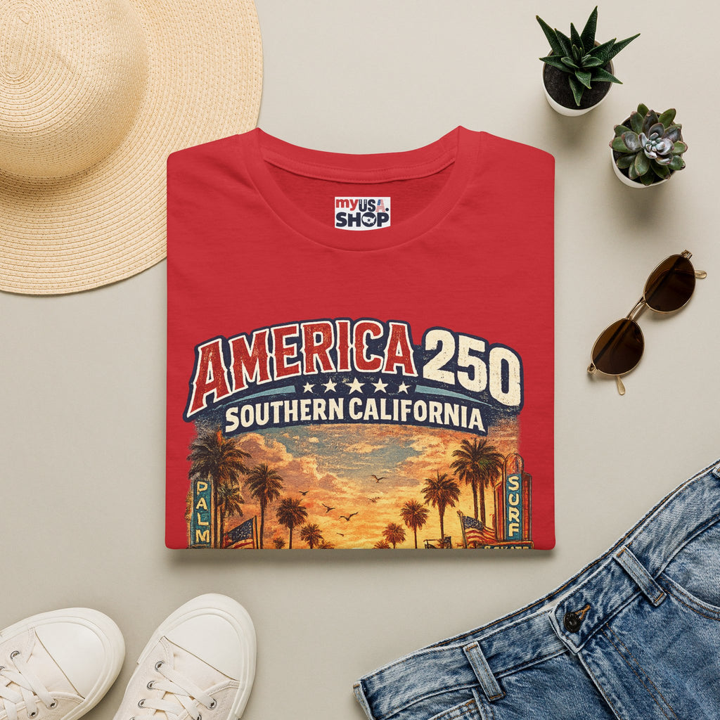 America 250 Southern California Sunset T‑Shirt — Retro Route 66 Palm Tree Tee