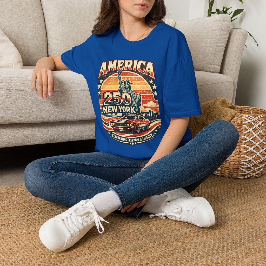 America 250 New York T-Shirt — Retro Statue of Liberty Graphic