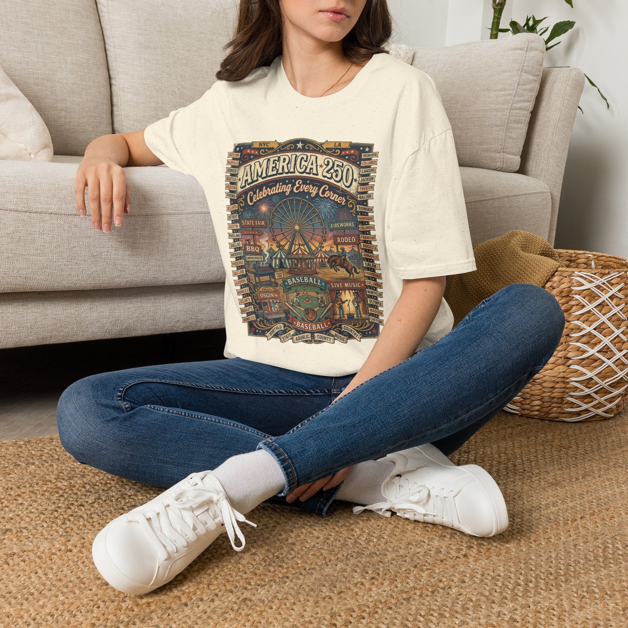 America 250 Celebration T-Shirt — Vintage Fair Ferris Wheel Patriotic Tee Pop Culture