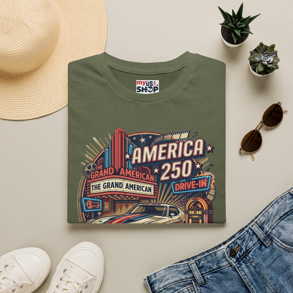 America 250 Vintage Drive-In Car T-Shirt — "Born to Entertain the World" Pop Culture